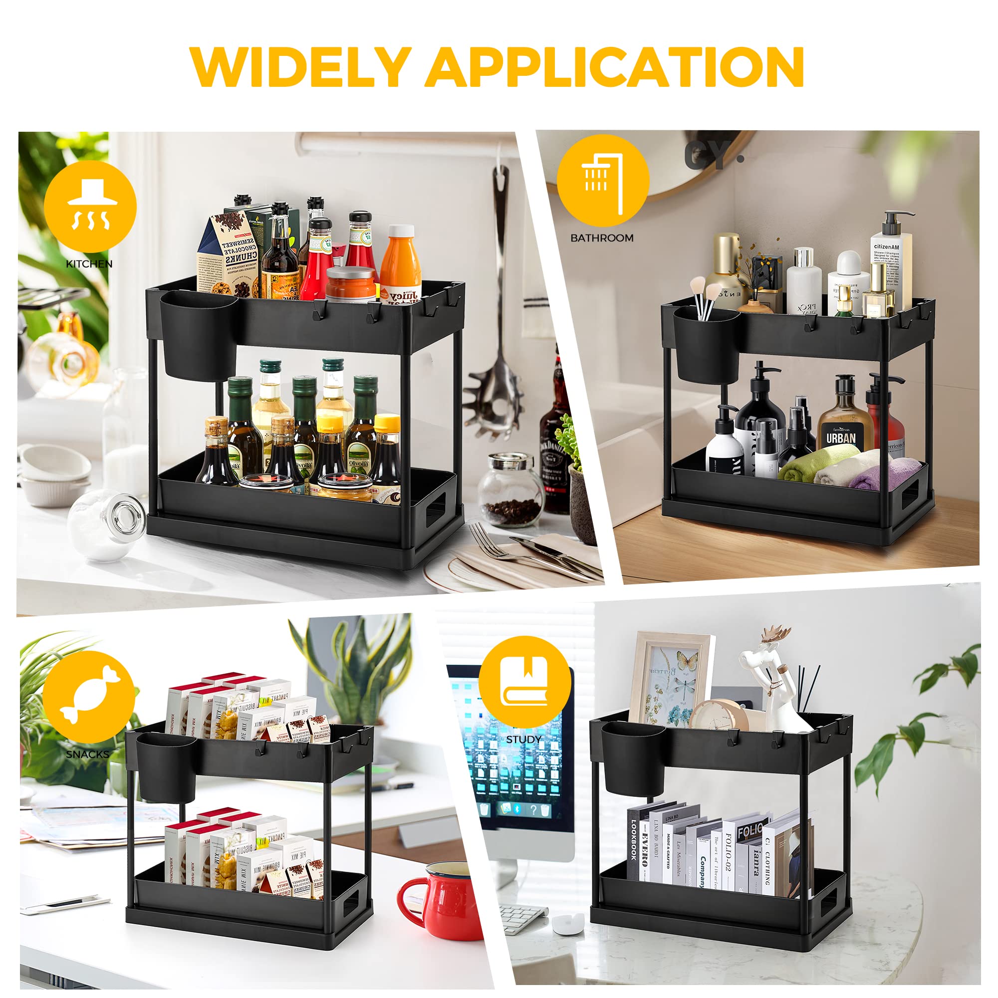 Ravinte 2-Tier Pull Out Under Sink Organizer with Hooks & Hanging Cup - Multi-Purpose Sliding Cabinet Storage for Kitchen & Bathroom - Space Saving Matte Black Design - Perfect for Small Spaces, Apartments & RVs