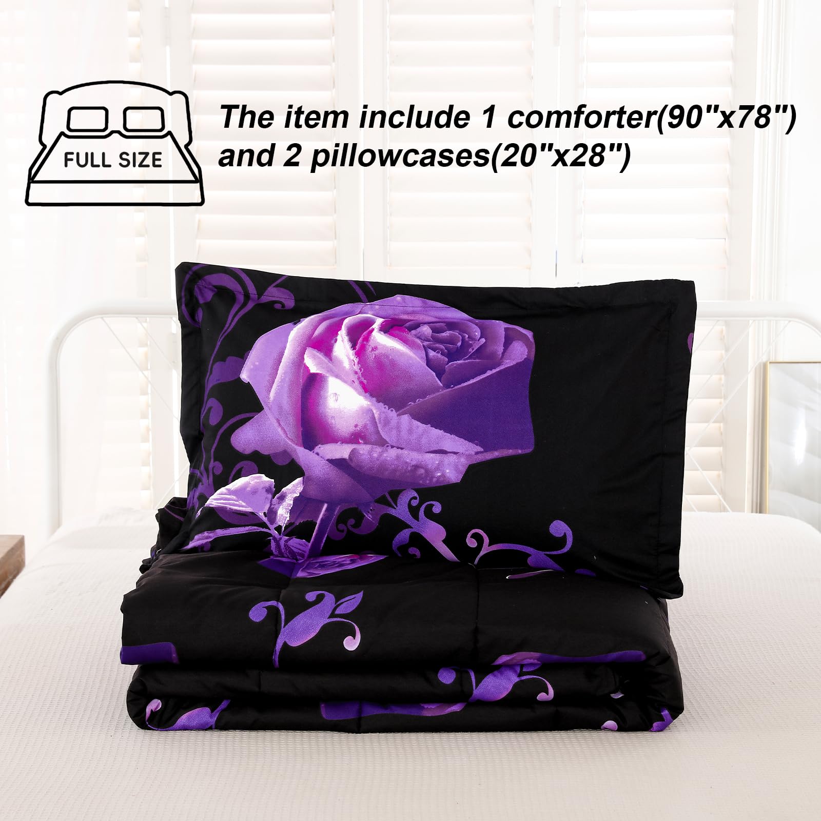WONGS BEDDING Reversible Purple Rose Comforter Set - Full Size 90x78 Inch All-Season Microfiber Bedding with 2 Pillowcases | Soft & Breathable | Perfect for Master Bedroom, Guest Room & Dorm Decor