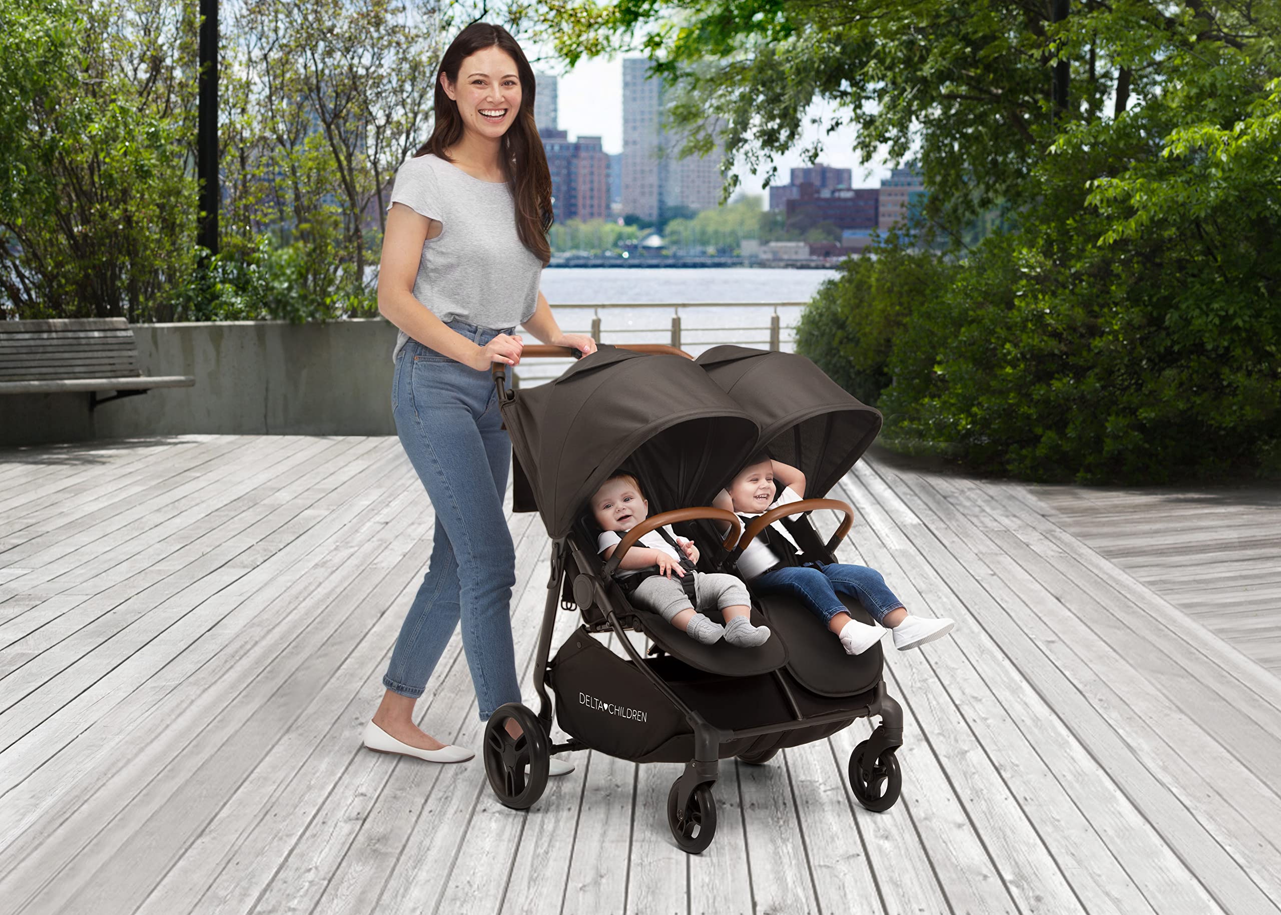 Delta Children Cruzer Double Stroller - Lightweight Side by Side Baby Stroller with Reclining Seats, Extendable Canopies & Compact Fold | Perfect for Twins or Siblings | Ideal for Shopping, Travel & Outdoor Adventures (Black)