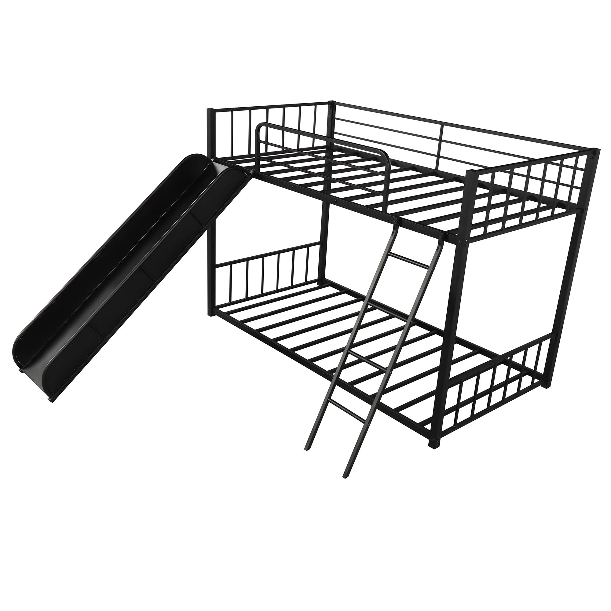 KLMM Heavy Duty Metal Bunk Bed with Slide & Safety Guard Rails - Twin Size Black Bed Frame for Kids & Teens - Perfect for Shared Kids' Rooms, Sleepovers & Space-Saving Bedroom Solutions