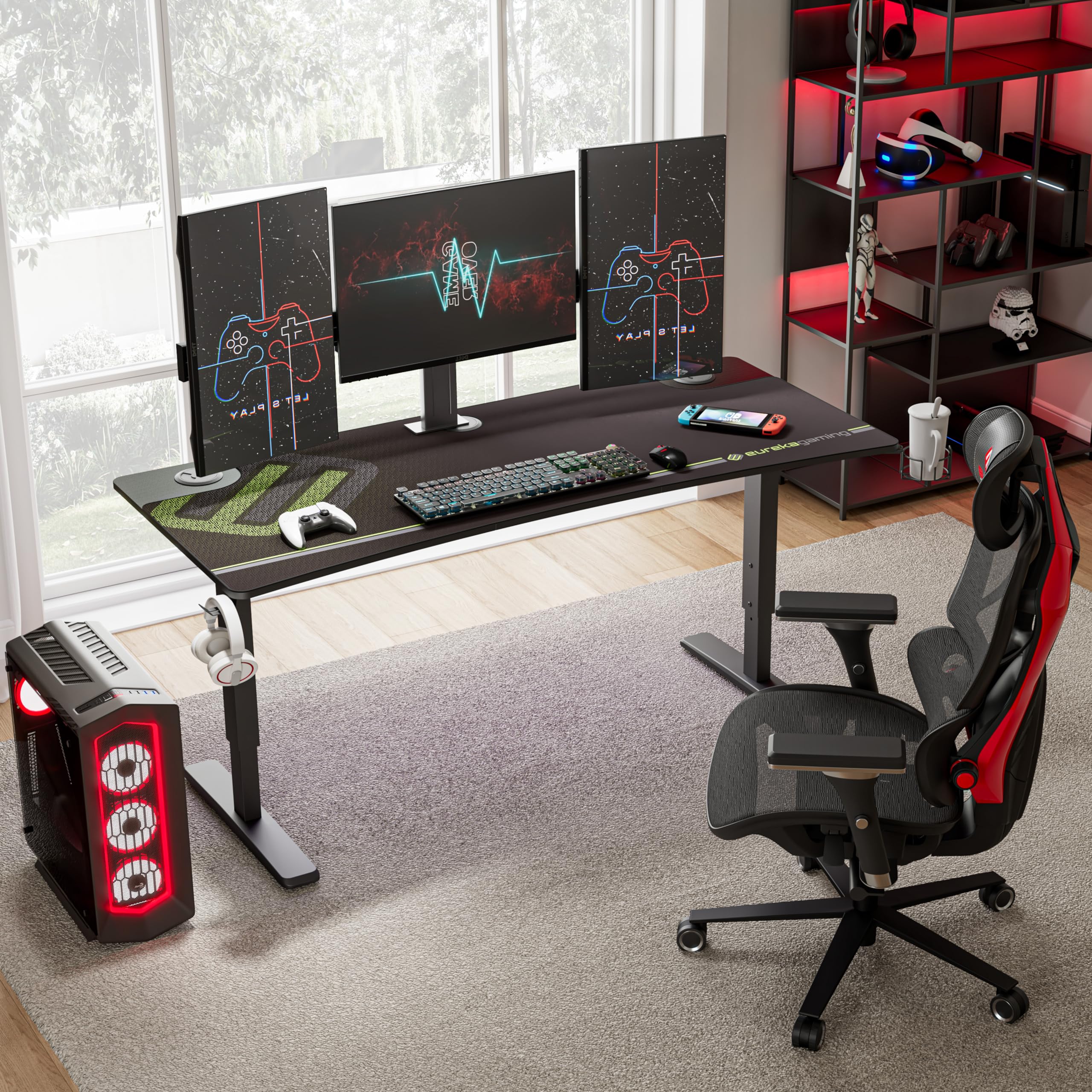 EUREKA ERGONOMIC 63 Inch Large Adjustable Height Computer Desk - Ergonomic Gaming Desk for Home Office with Dual Monitor Stand, Curved Edge, Mouse Pad & Accessory Holders | Perfect for Work, Gaming & Studio Setup
