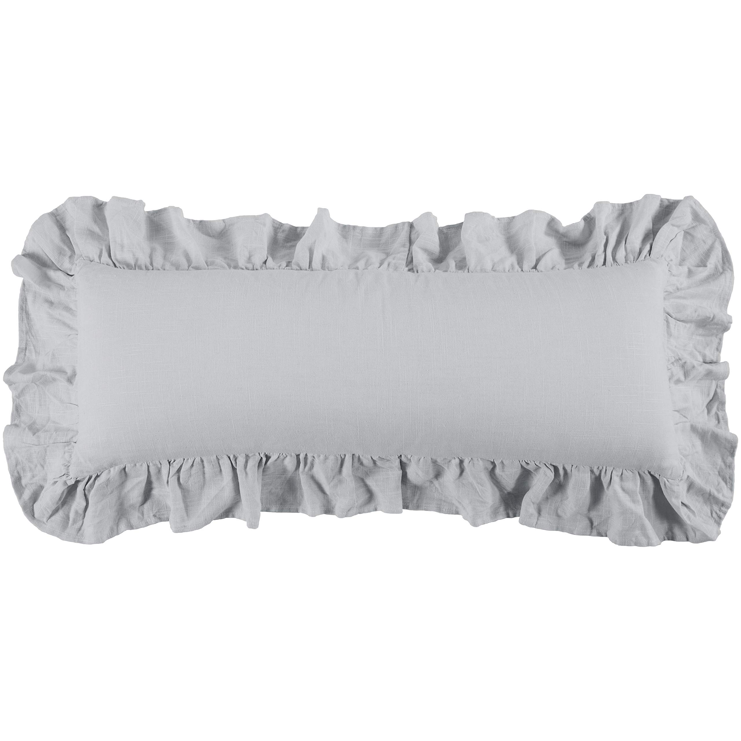 Luxury Luna Washed Linen Ruffled Lumbar Pillow 14x36 Inch - Gray Solid Color Shabby Chic Farmhouse Decor for Sofa, Bed & Living Room - Romantic Traditional Style Home Accent Cushion