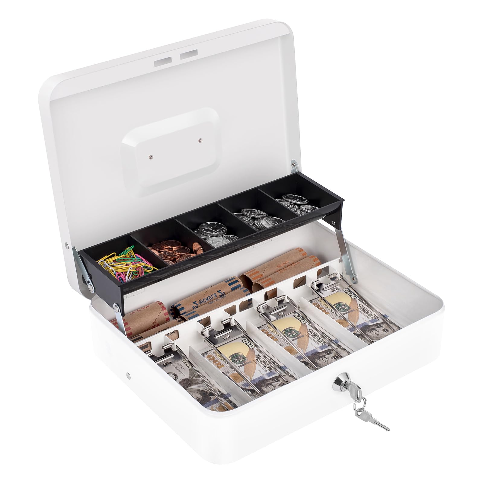 Heavy Duty Metal Cash Box with Lock & Money Tray - 11.8