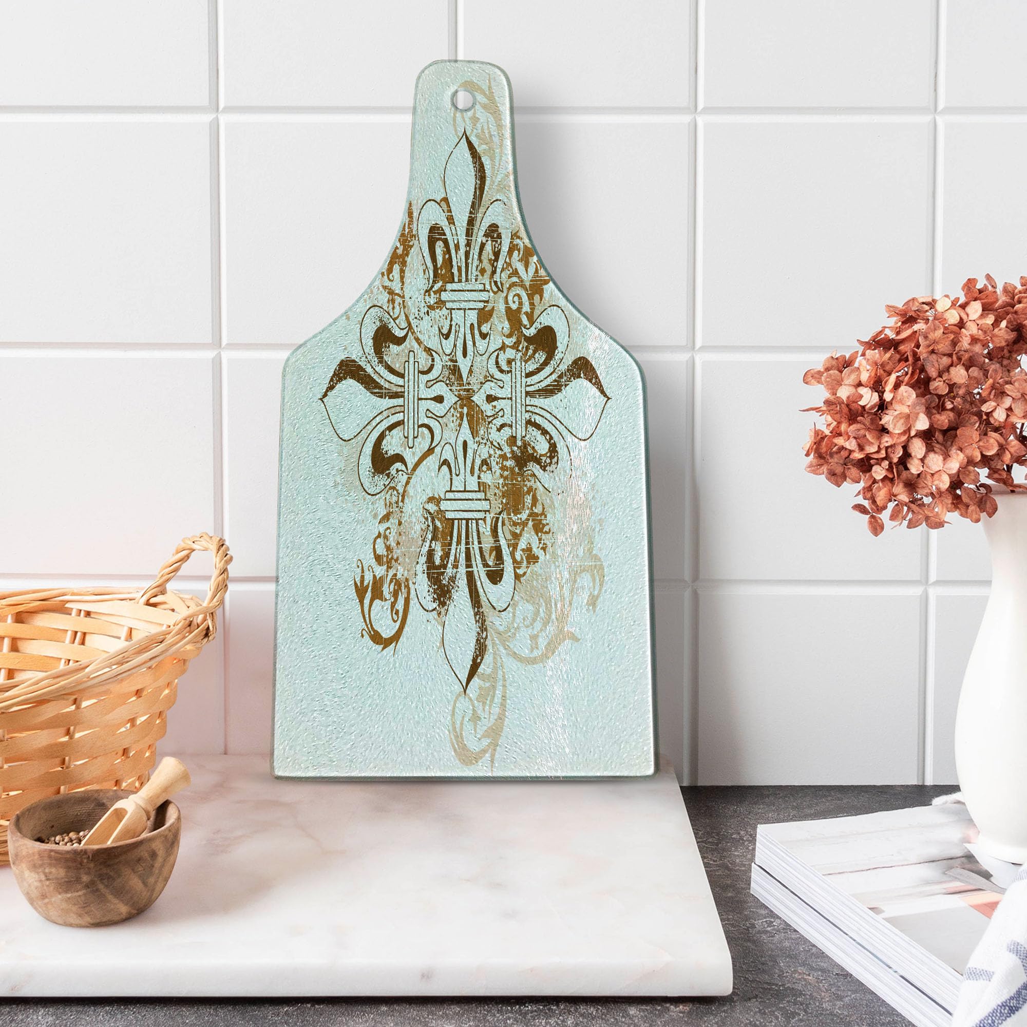 Ambesonne Fleur De Lis Tempered Glass Cutting Board - Vintage Antique Heraldry Design with Floral Swirls - Brown & White Wine Bottle Shaped Serving Board for Cheese, Charcuterie & Entertaining