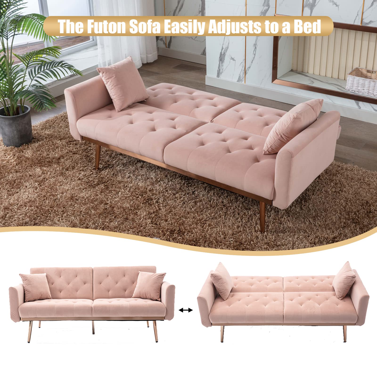 Velvet Accent Loveseat Sofa with Rose Gold Metal Legs - Convertible Sleeper Sofa Bed for Small Spaces, Pink Futon Couch with Split Back Design & 2 Pillows (63.8