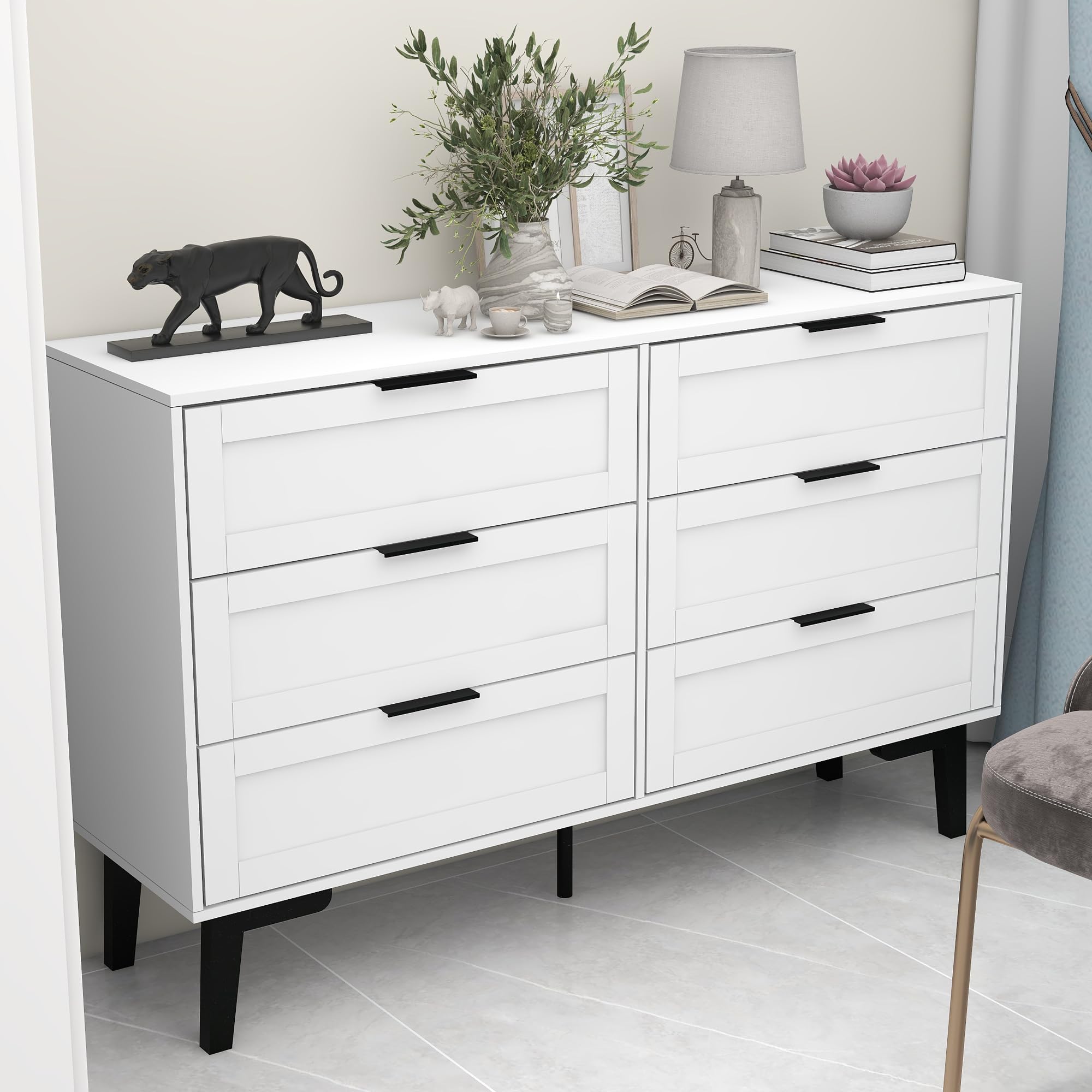 Modern 6-Drawer White Wooden Dresser for Bedroom & Nursery - Kids Horizontal Chest of Drawers for Living Room & Home Organization | Perfect for Storage, Clothes, Toys & Bedroom Decor