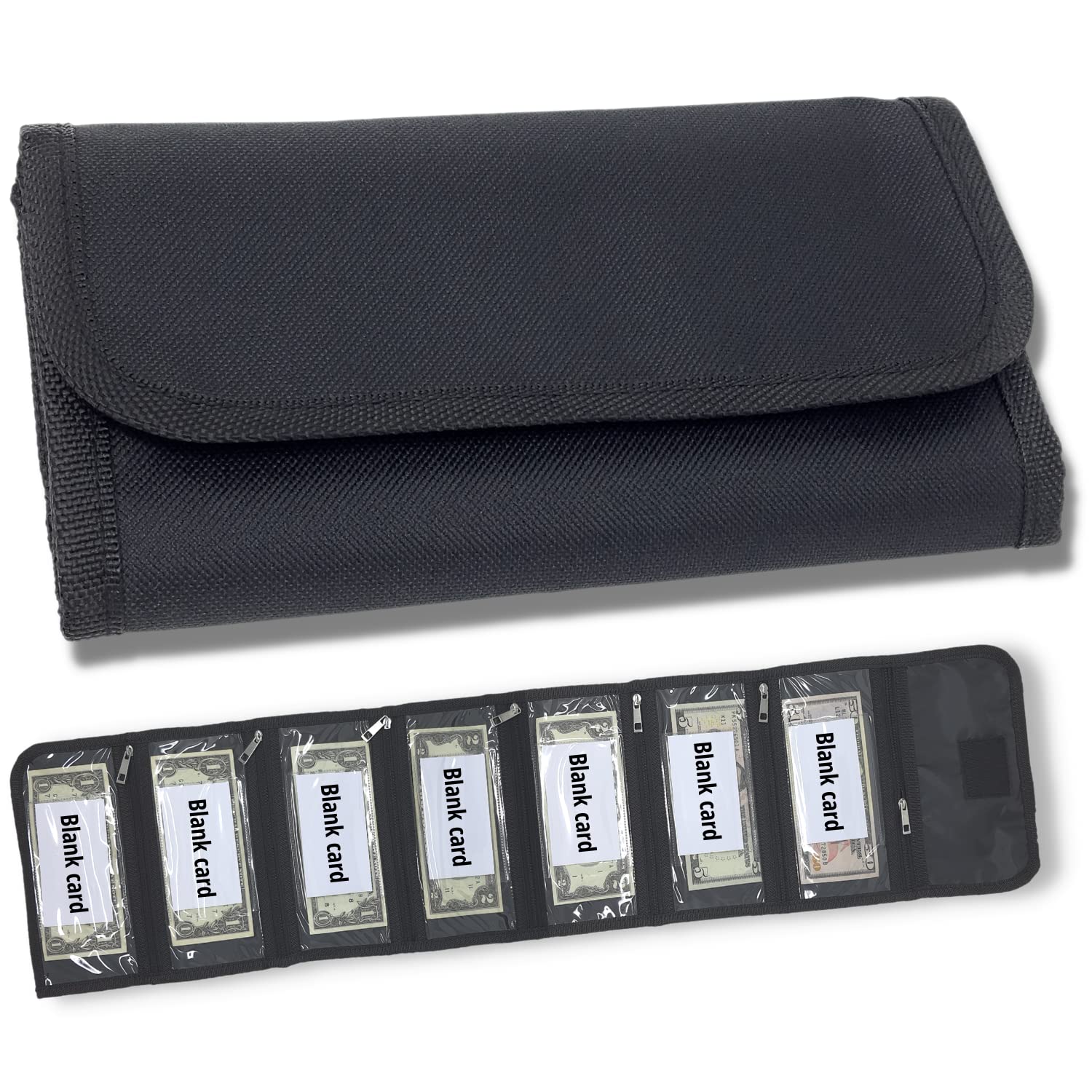 7-Slot Money Organizer Wallet with Blank Card - Cash Holder for Budgeting, Traveling, Saving & Receipts - Perfect for Travel, Business & Daily Use (Black)