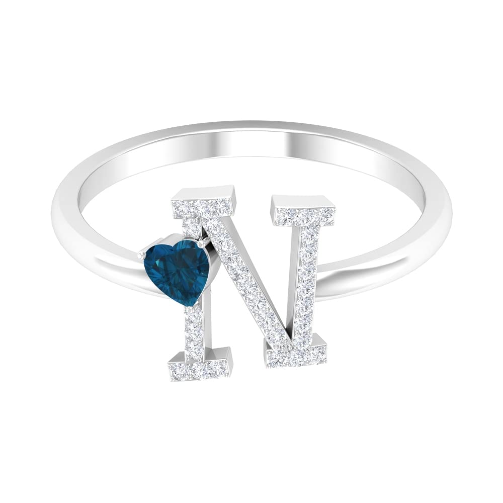 London Blue Topaz & Diamond Rings | Diamond Alphabet A-Z Initial Rings for Women | 14K White Gold Personalized Jewelry | Perfect for Birthdays, Anniversaries & Gifts