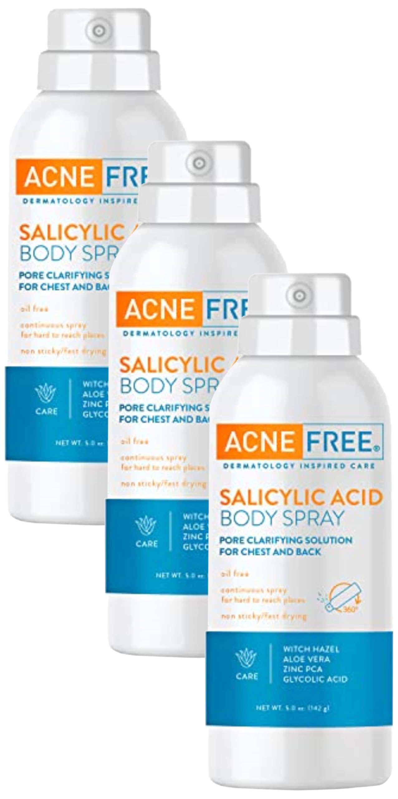 Acne Free Salicylic Acid Body Spray with Glycolic Acid - Exfoliating & Pore Clarifying Treatment for Clear Skin, 5 oz (3-Pack) | Perfect for Back, Chest & Body Acne Prevention & Treatment