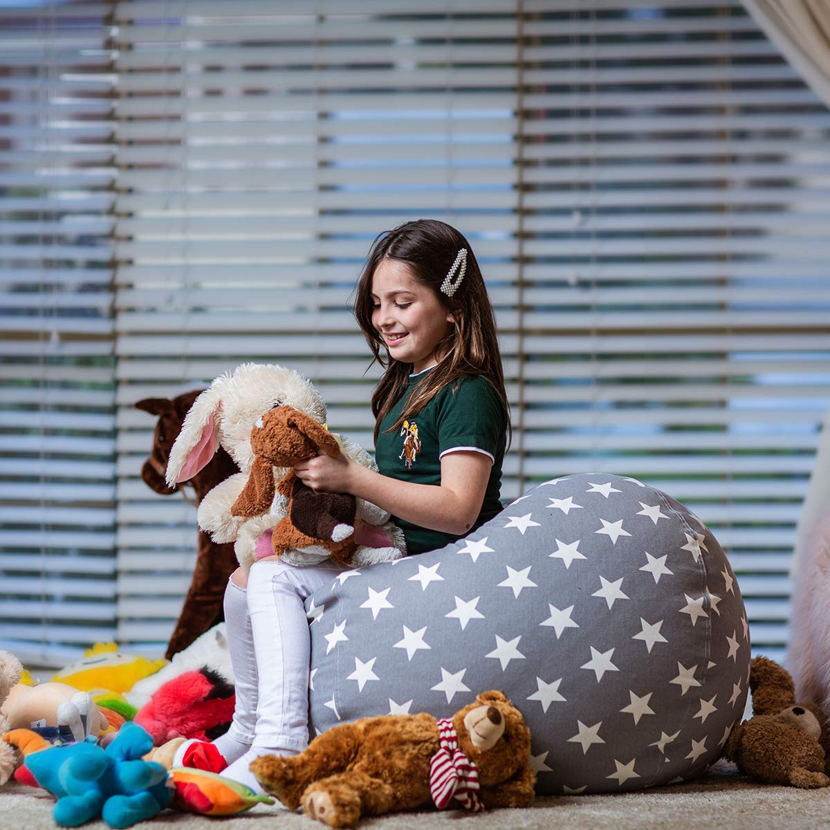Premium Wekapo Stuffed Animal Storage Bean Bag Chair Cover for Kids – Large Cotton Canvas Organizer with Zipper | Grey Star Design | Perfect for Playrooms, Bedrooms & Toy Organization (X-Large)
