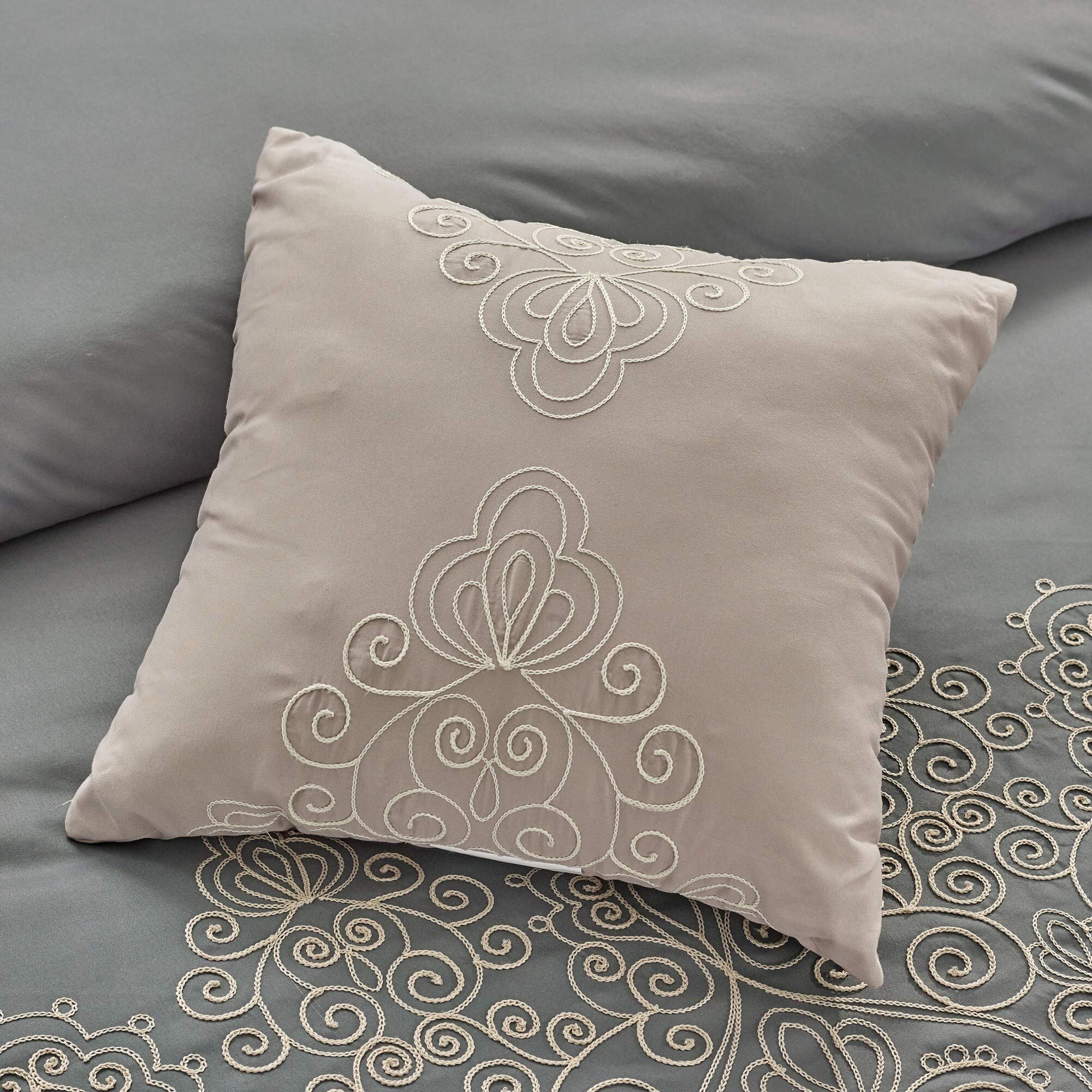 8-Piece Grey Floral Embroidered Comforter Queen Set - Intricate Scroll Medallion Pattern Microfiber Bedding for Master Bedroom & Guest Room Decor