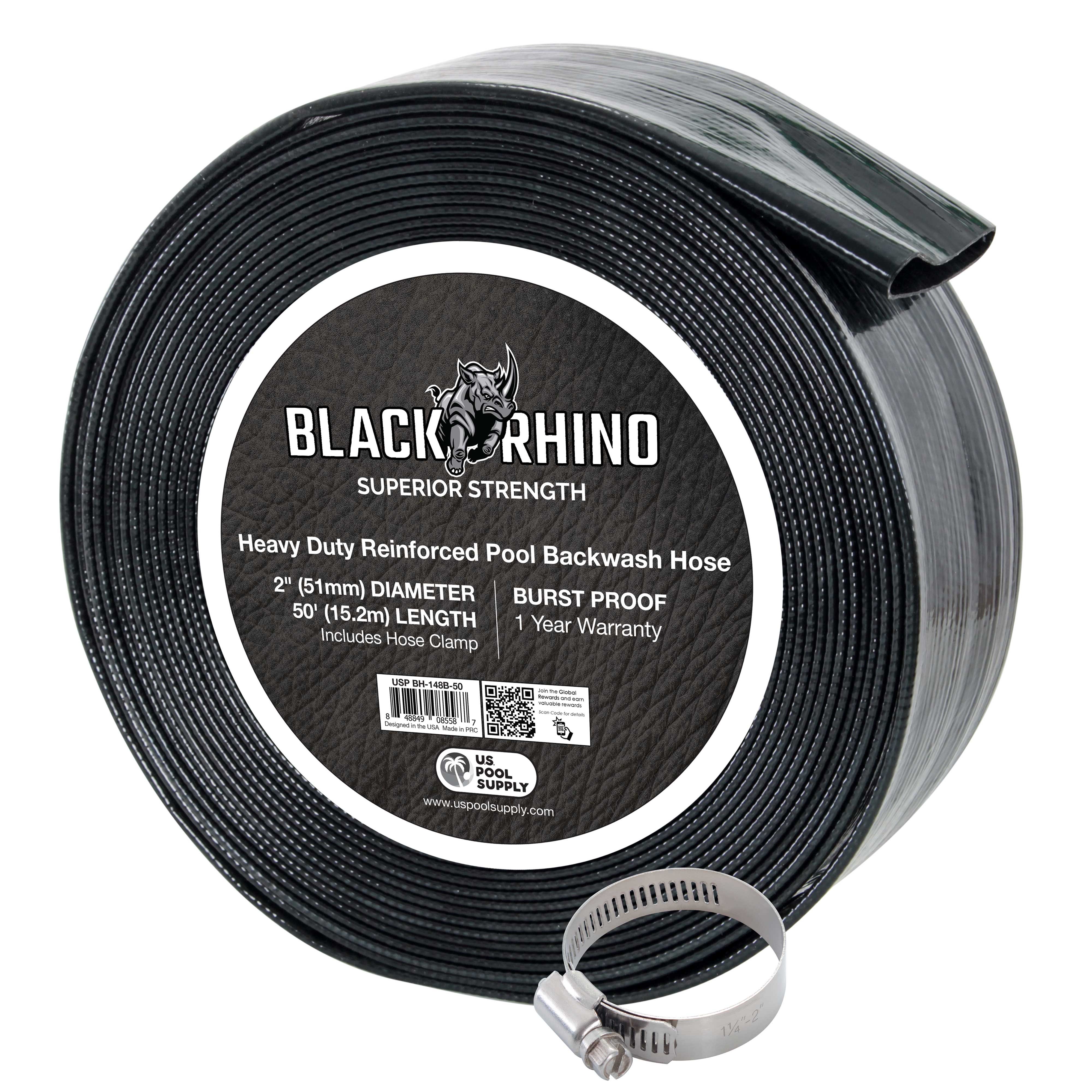 U.S. Pool Supply® Black Rhino 2-Pack 50' Heavy Duty Backwash Hose with Hose Clamp - 1.2mm Thick Weather-Resistant Pool Maintenance Hose for Inground & Above Ground Pools