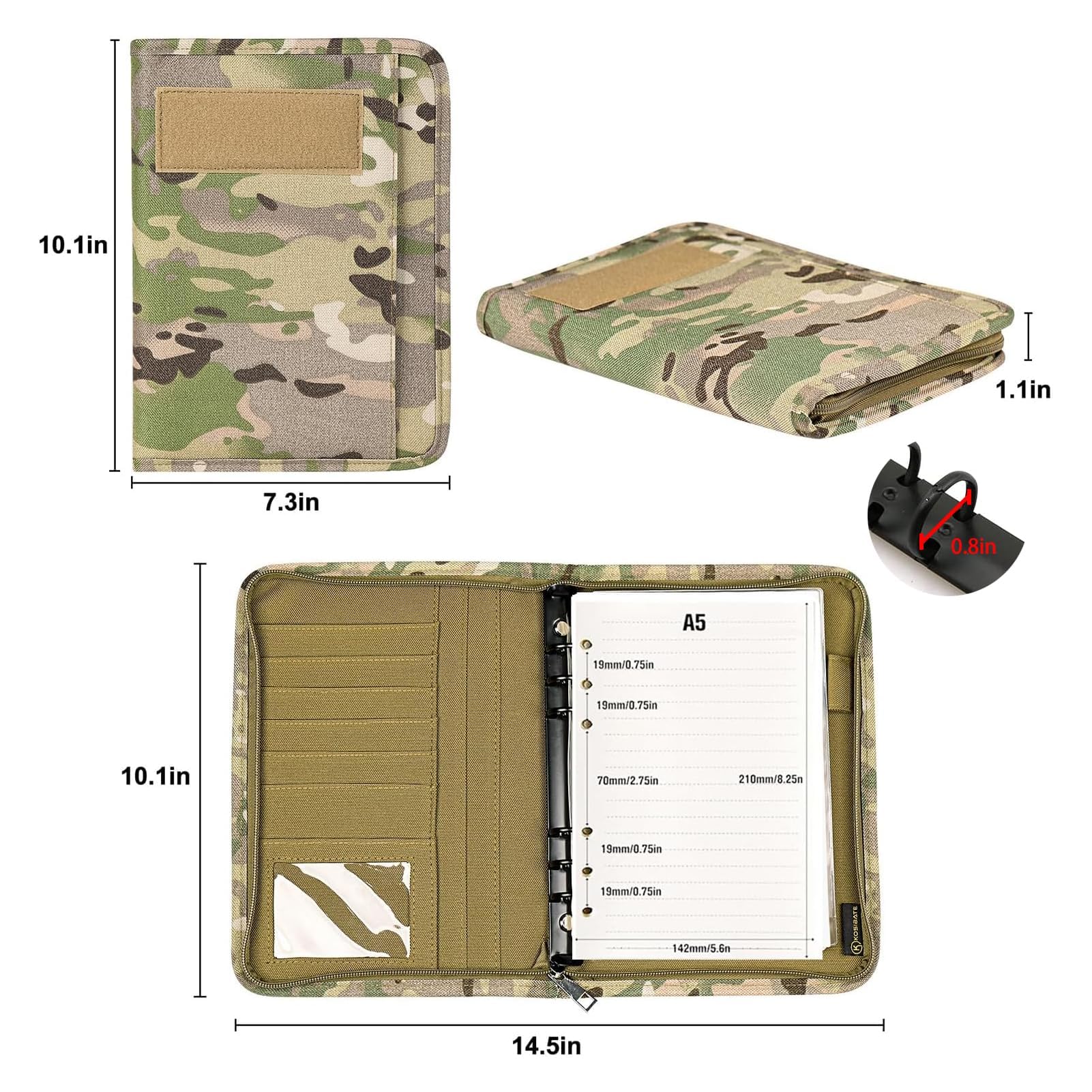 Kosibate 7.3x10.1 Inch Zippered Padfolio - 6-Ring Binder with 80 Sheets (160 Pages) Refillable Loose-Leaf Paper, Weatherproof Tactical Notebook Cover for Folders & Cards | Perfect for Business Meetings, School, Office & Travel Organization