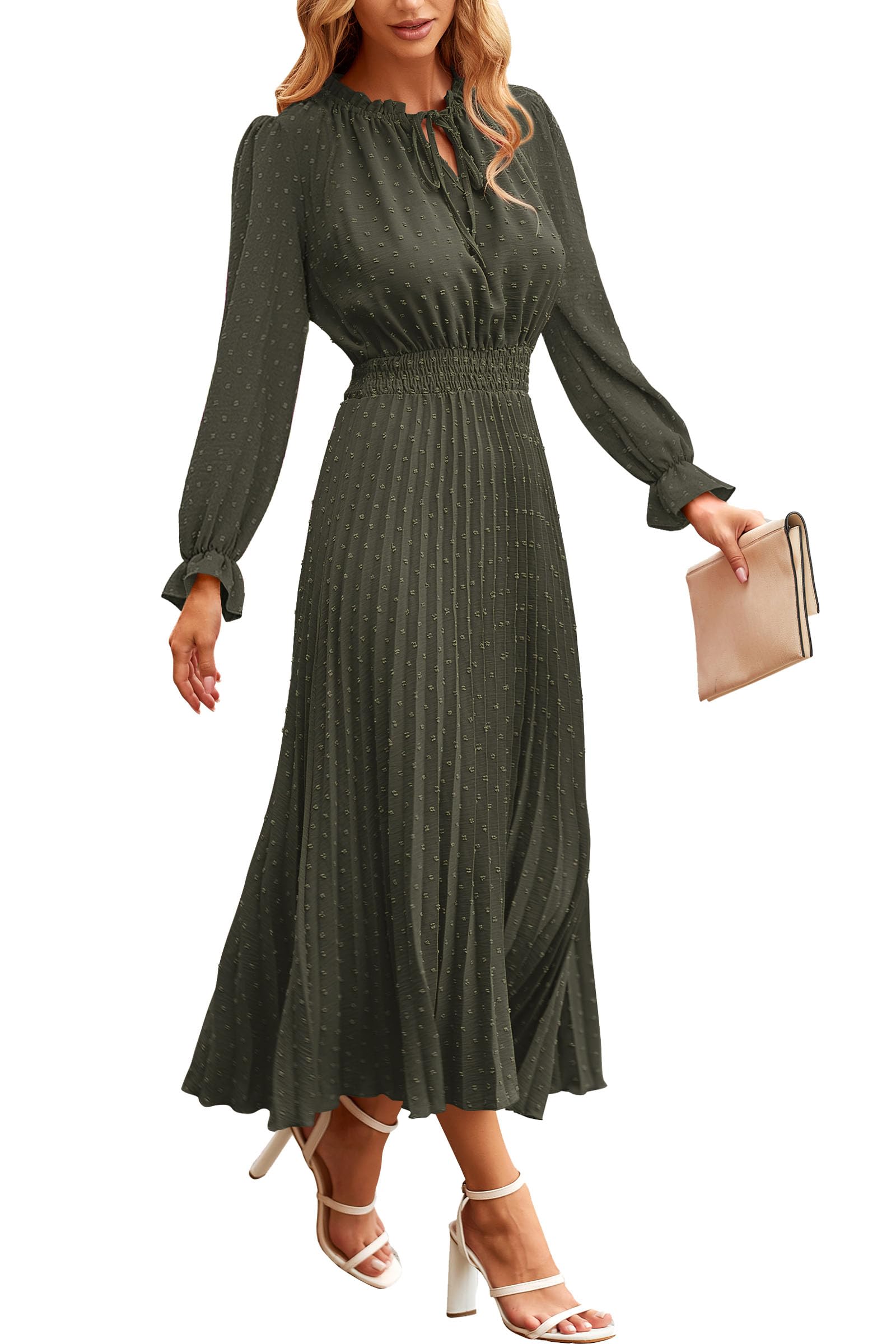 PRETTYGARDEN Women's 2025 Spring Fall Midi Dress - Casual Long Sleeve V-Neck Swiss Dot Pleated A-Line Flowy Dress for Work, Date Night & Special Occasions