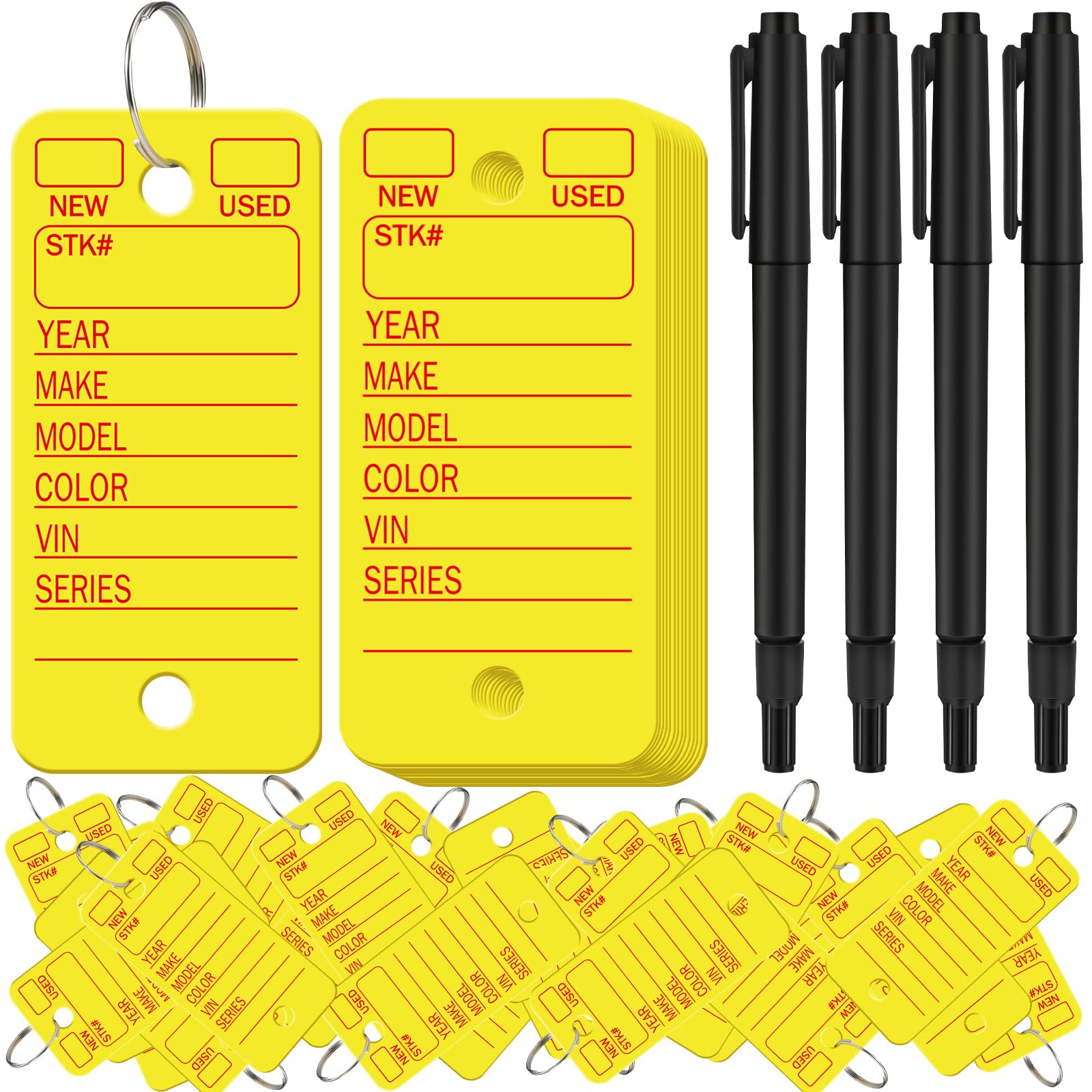 500 Pcs Blank Key Tags with Rings & Labels - Durable Car Dealership Key Tags for Automotive Shops, Office Supplies - Includes 4 Pens (Yellow) - Perfect for Vehicle Key Organization, Inventory Management & Retail Display