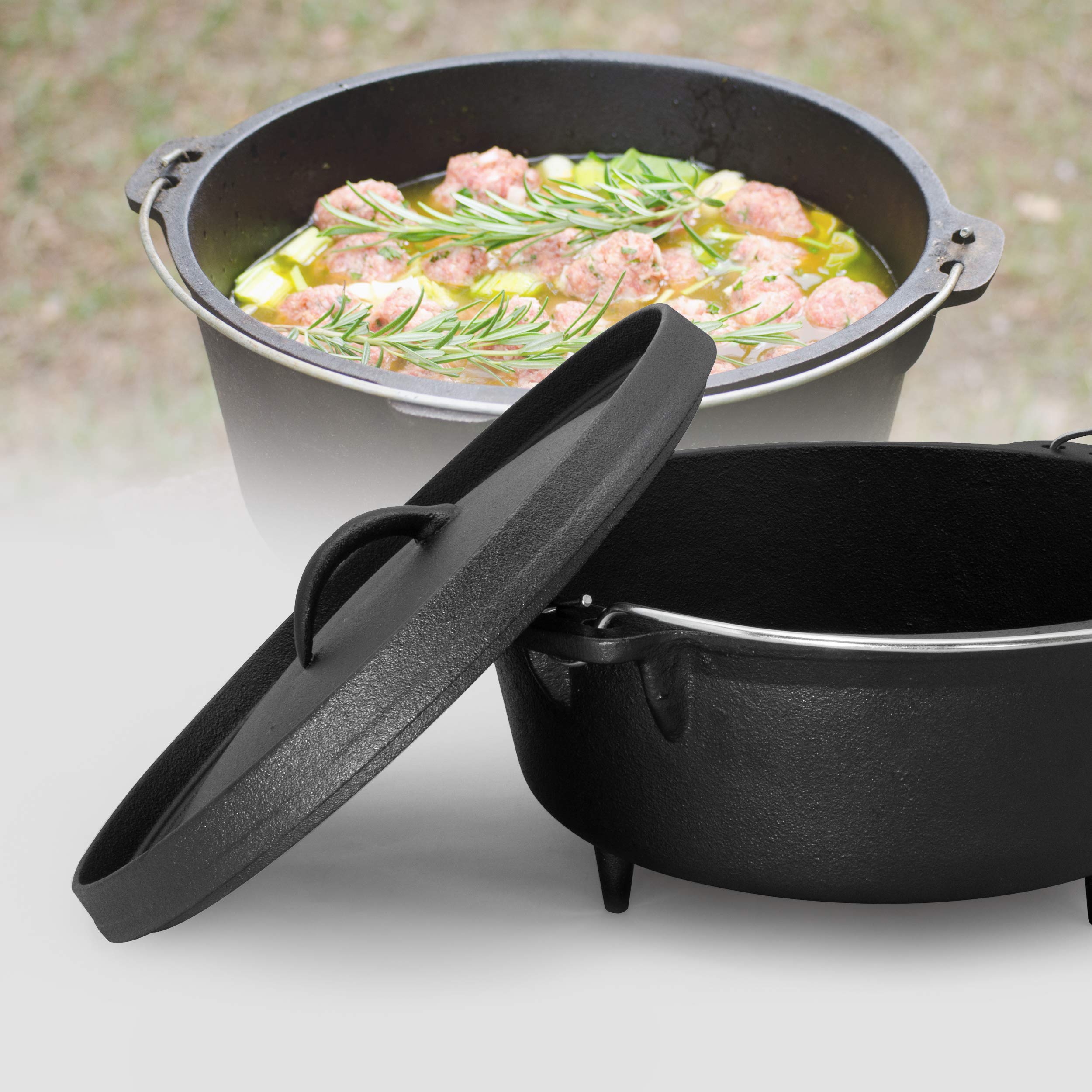 ExcelSteel 6 QT Cast Iron Dutch Oven with Handle & Leg Base - Pre-Seasoned Black Camping Cookware for Outdoor Kitchen, Backpacking, BBQ & Campfire Cooking - Perfect for Stews, Bread Baking & Open Flame Meals