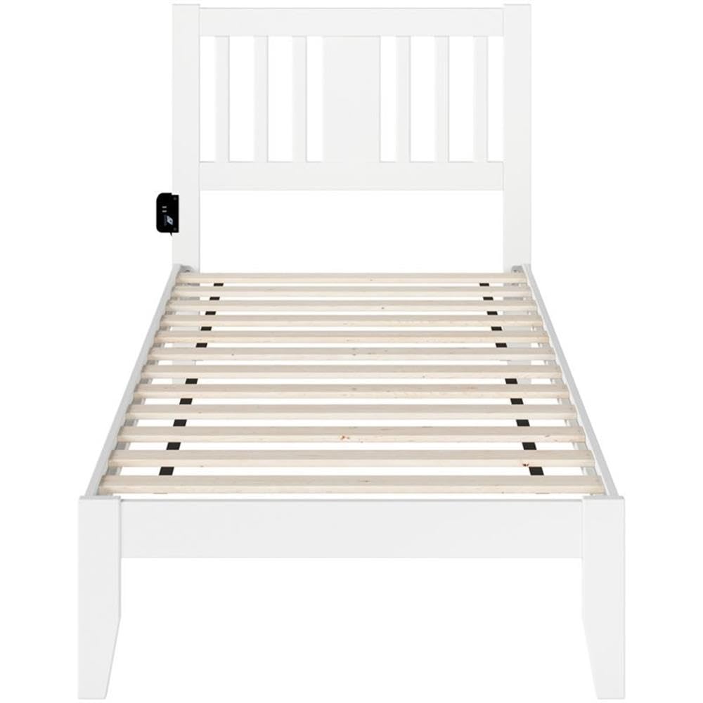 BOWERY HILL White Twin Spindle Bed Frame with Built-in USB Turbo Charger - Perfect for Modern Bedrooms, Guest Rooms & Small Spaces