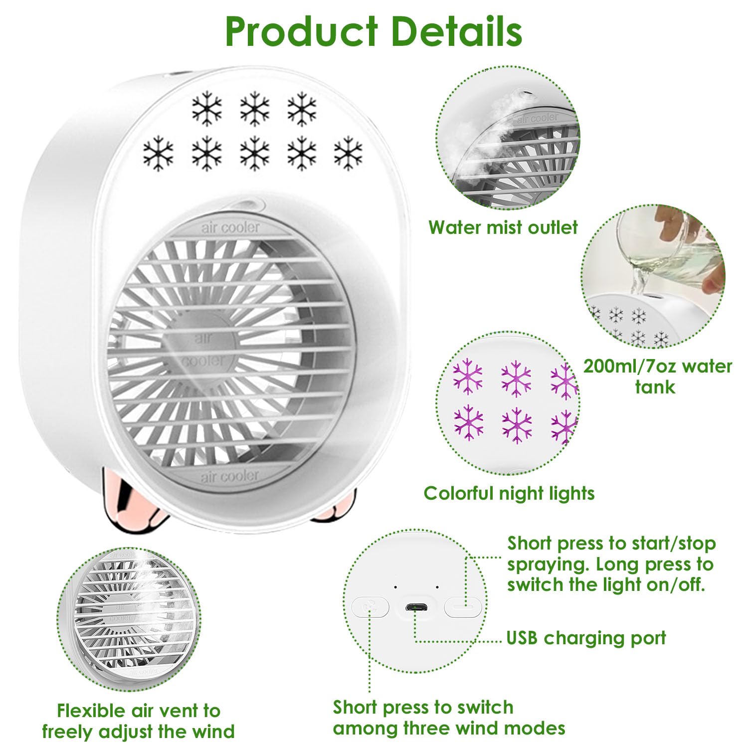 4-in-1 Portable Air Conditioner Fan with Water Mist Cooling - USB Rechargeable Evaporative Air Cooler with 3 Speed Settings | Perfect for Bedroom, Office, Car, RV & Camping | Stay Cool Anywhere