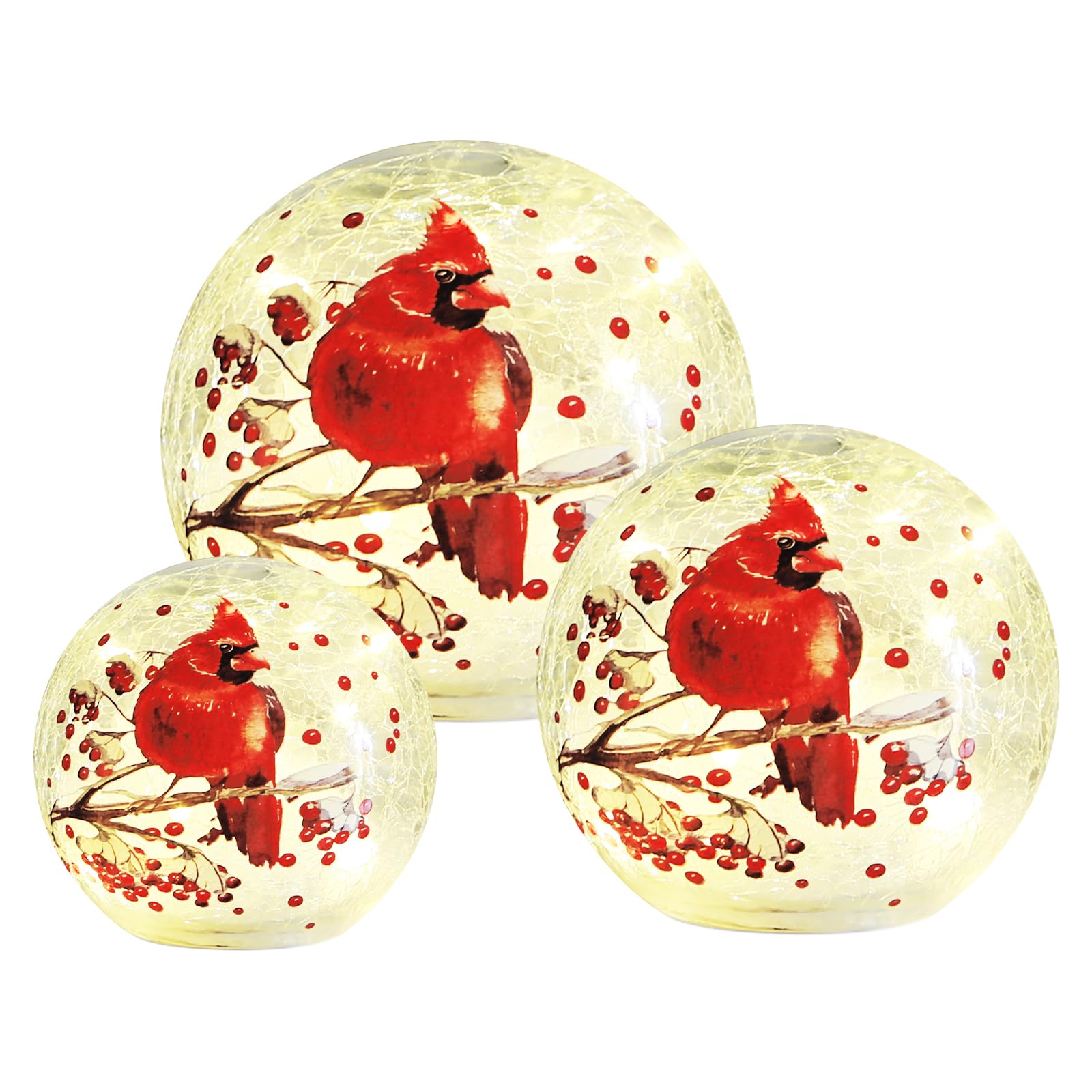 Crackle Glass Ball Cardinal Lamp - LED Lighted Red Bird Stained Glass Christmas Decor, Globe Table Night Light for Home & Office, Perfect Mother's Day Gift - Ideal for Bedroom, Living Room & Holiday Decorations