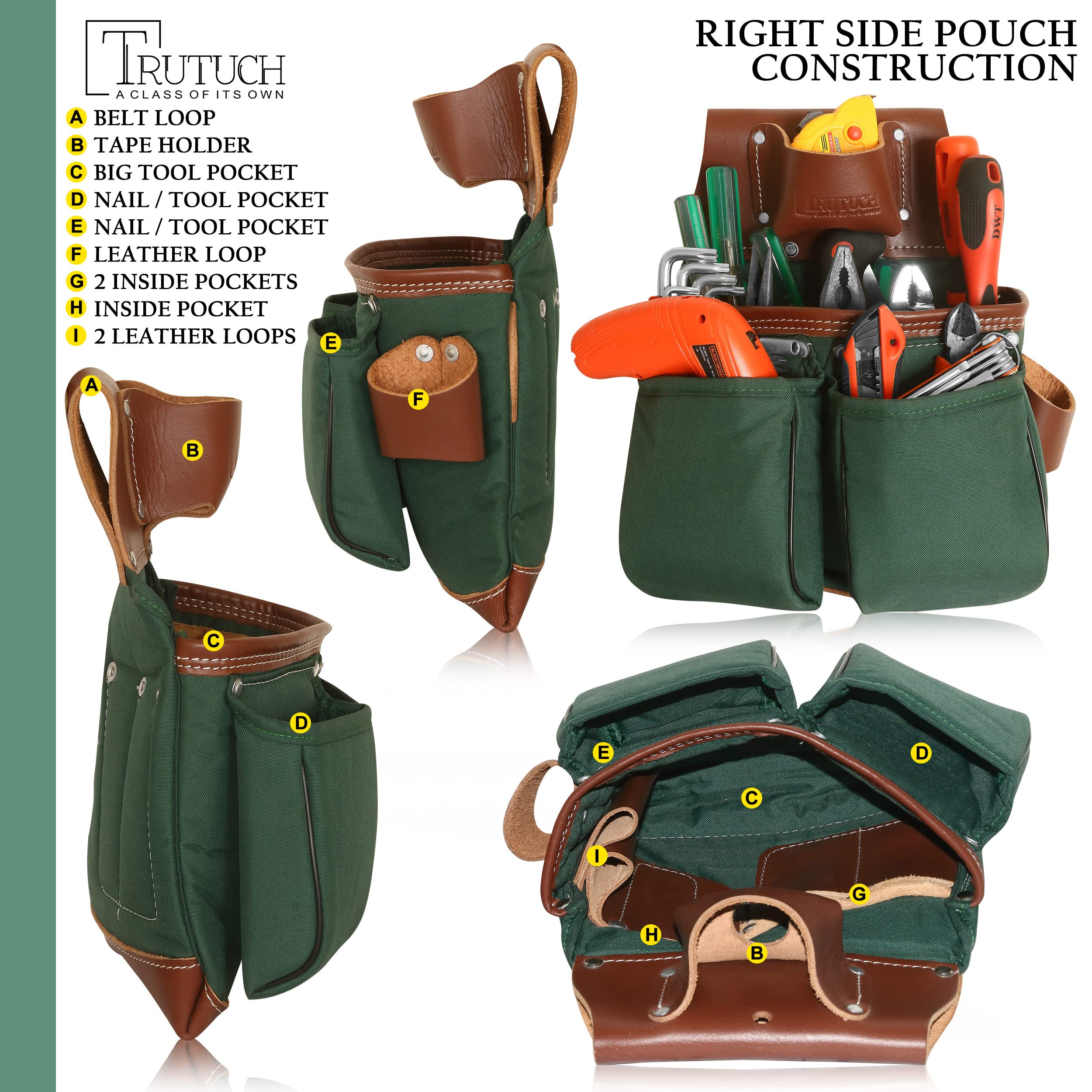 Durable Nylon & Leather Tool Belt for Carpenters, Electricians & Construction Workers - Heavy Duty Framing Tool Bag with Pouch - Perfect for Job Sites & DIY Projects (Green)