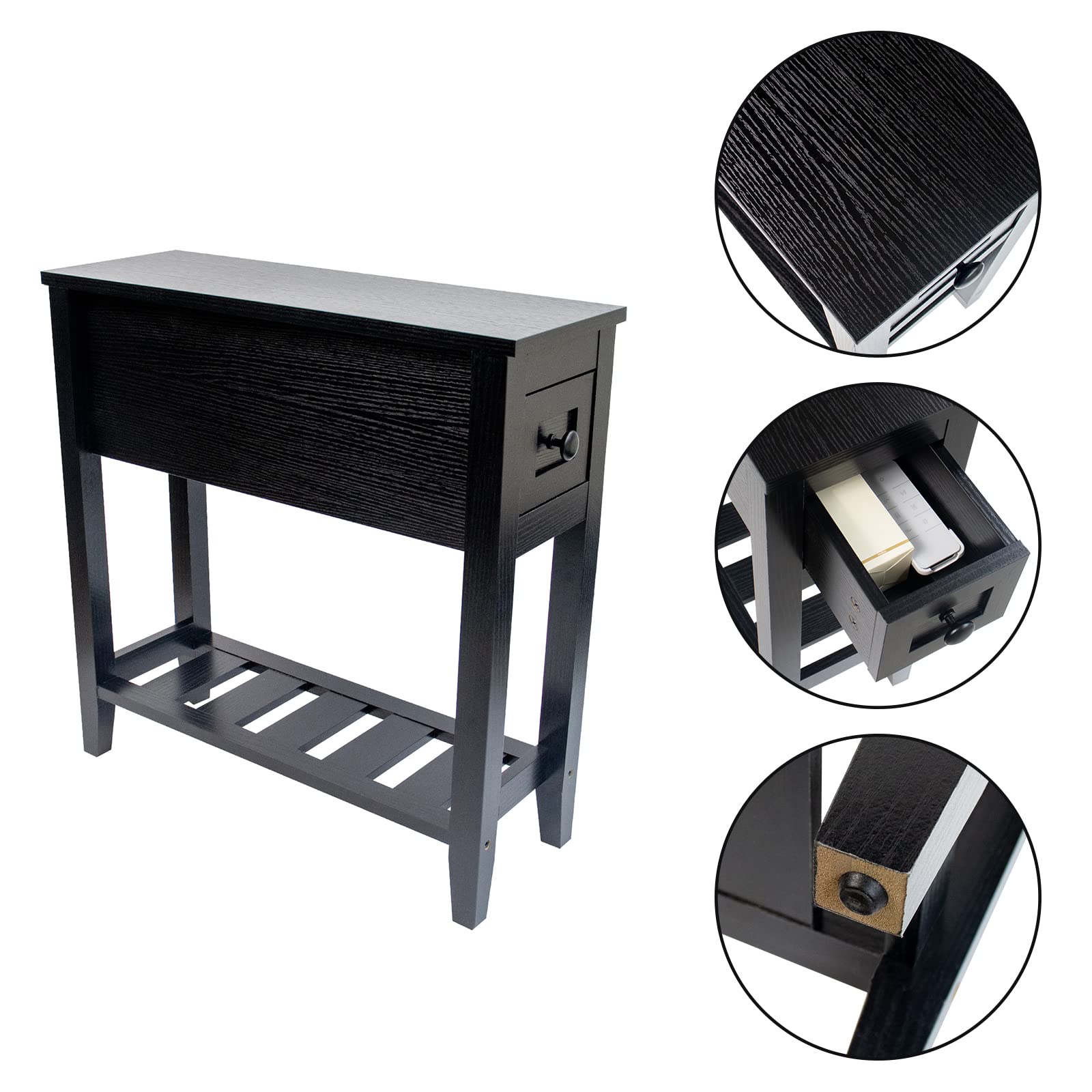 Slim Black Narrow End Table with Drawer - Space Saving Nightstand Set of 2 - Modern Side Table for Bedroom, Living Room & Small Spaces - Perfect as Couch Table, Night Stand or Apartment Furniture