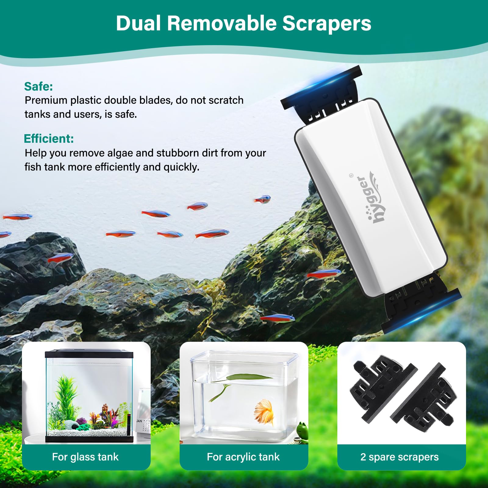 Hygger Magnetic Aquarium Glass Cleaner - Dual-Blade Algae Scrubber with 4 Detachable Scrapers for Fish Tank Cleaning | Floating Magnet Cleaner for Glass Aquariums (Medium) | Perfect for Freshwater & Saltwater Tanks, Home or Office Aquarium Maintenance