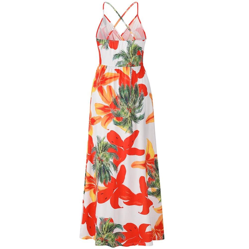 Bohemian Floral Print Women's Maxi Dress - V-Neck Spaghetti Strap Long Sling Dress for Beach, Vacation & Summer Outfits