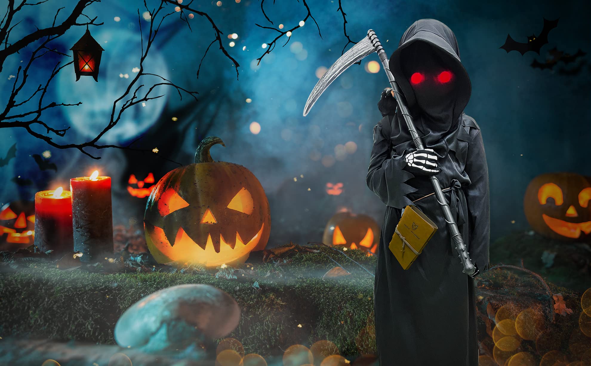 Grim Reaper Costume for Boys - Scary Halloween Outfit Kids Set with Scythe | Ghost Cosplay Costume for Halloween Party & Trick or Treat | Perfect Halloween Gift for Boys
