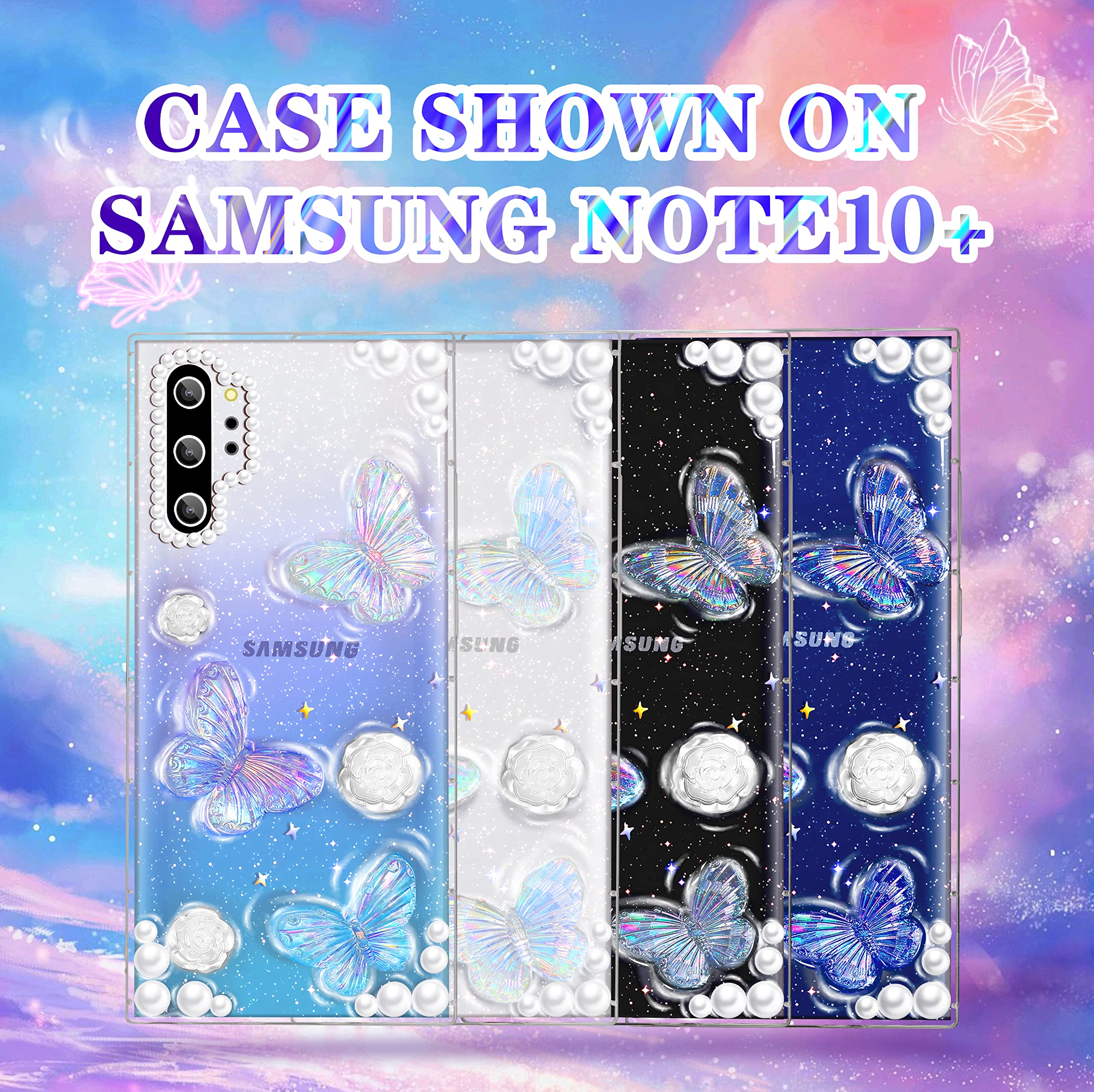 3-in-1 Samsung Galaxy Note 10 Plus Case - Crystal Clear Butterfly Design with Glitter Sparkle, Includes Phone Chain & Screen Protector | Stylish Protective Case for Women & Teen Girls | Perfect for School, Work & Everyday Use