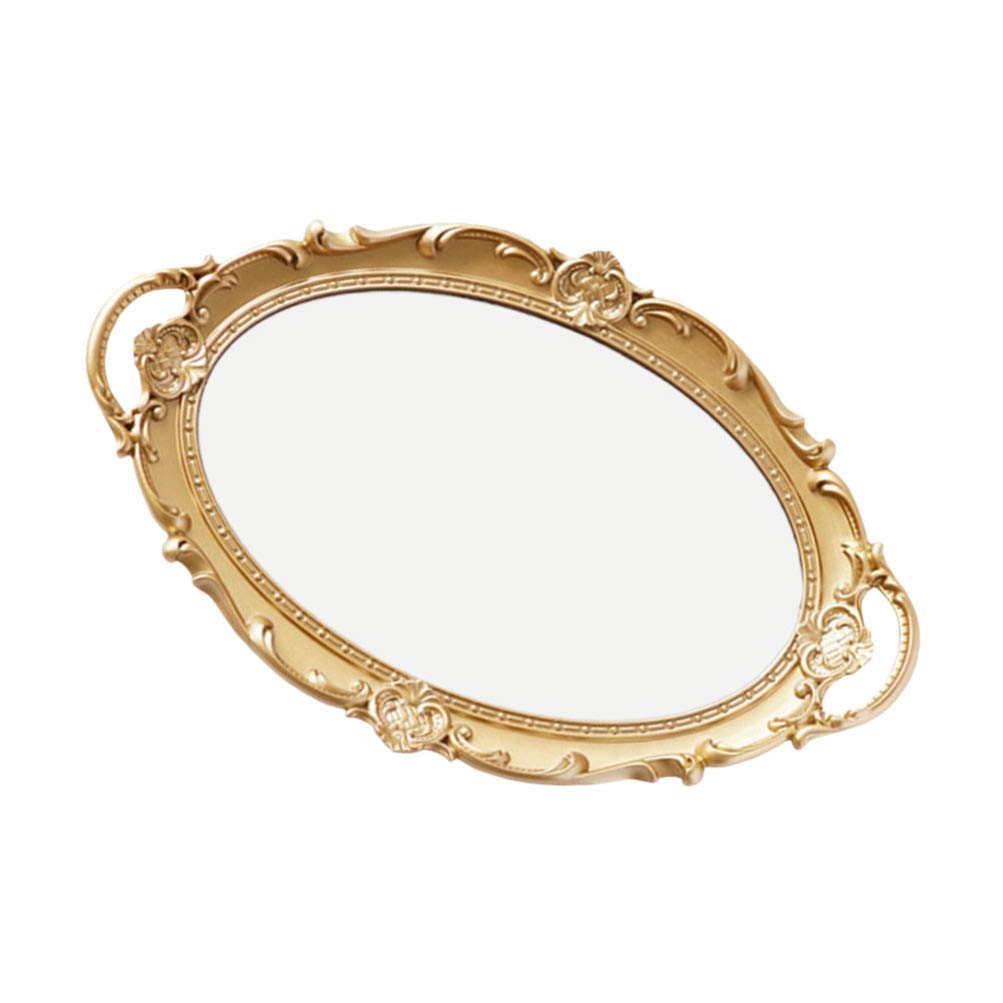 VALICLUD Vintage Oval Mirror Tray - Gold Retro Dresser Organizer for Jewelry, Rings, Bracelets & Trinkets | Elegant Vanity Tray for Bedroom Decor & Bathroom Storage
