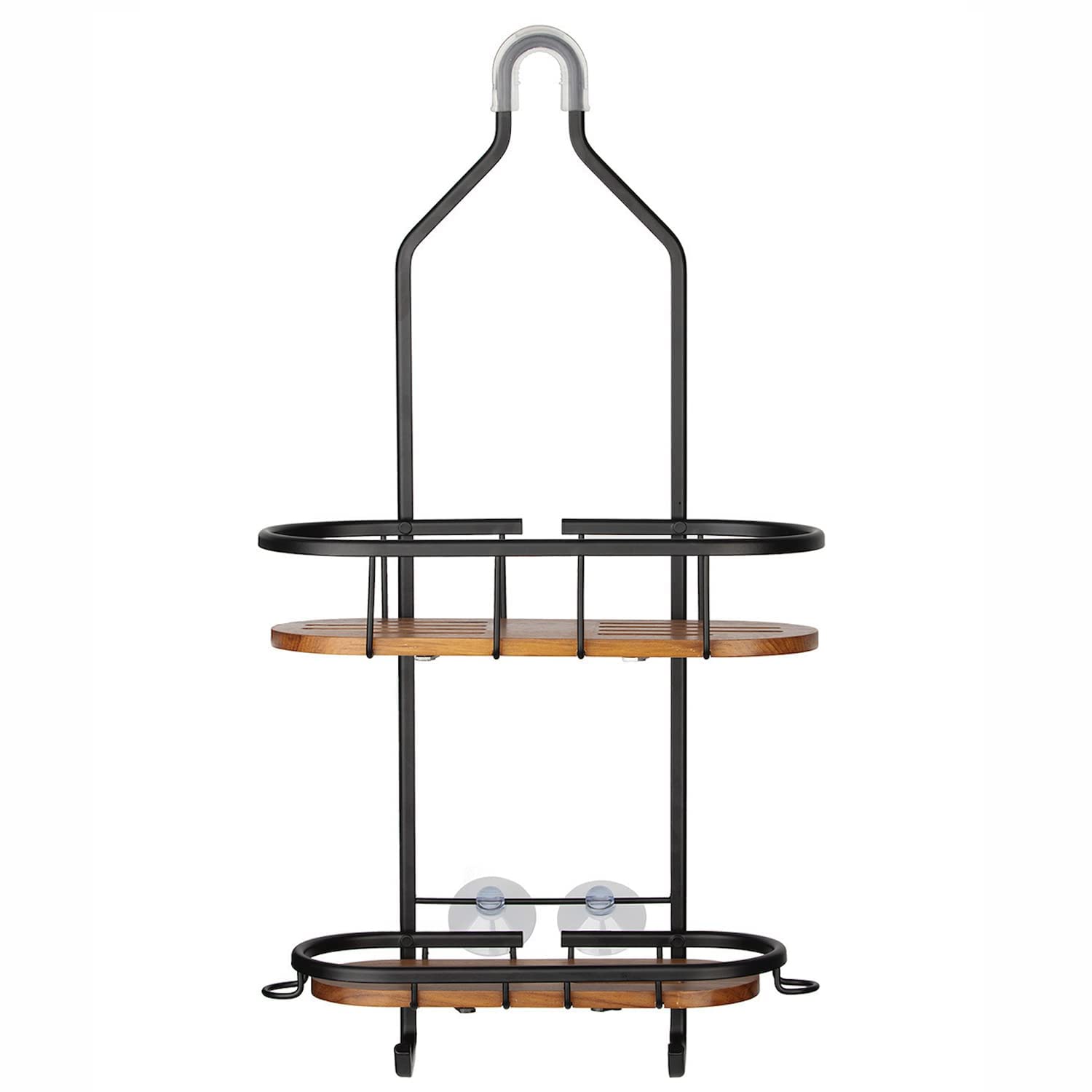 Utopia Alley Tia Rustproof Teak Overhead Shower Caddy with 2 Shelves - Decorative Shower Organizer for Shampoo, Soap & Bathroom Storage - Hanging Shower Head Caddy with Matte Black Finish - Perfect for Small Bathrooms & Spa-Like Showers