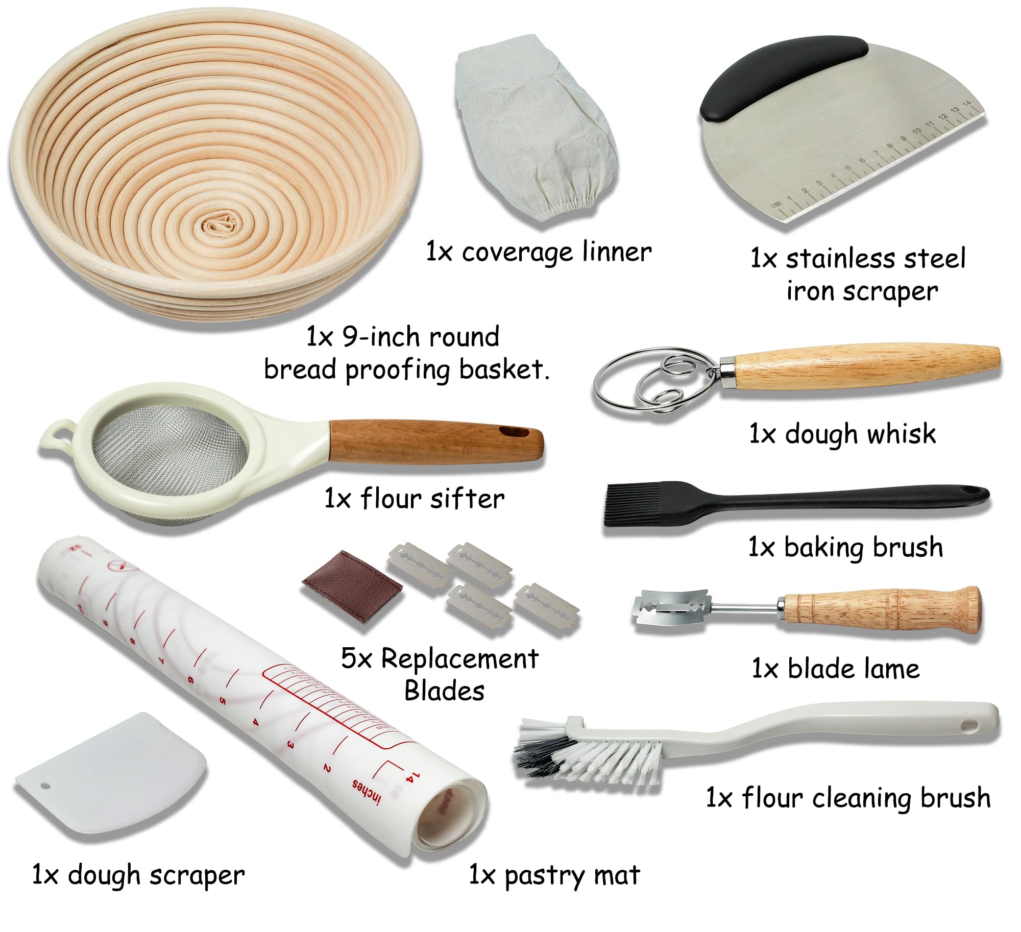 Organic Sourdough Starter Kit with 9-Inch Round Banneton Basket - Complete Bread Baking Supplies Set Includes Flour Sifter, Dough Scraper, Bread Lame, Whisk & Pastry Mat - Perfect for Artisan Homemade Bread, Pizza Dough & Pastry Making at Home