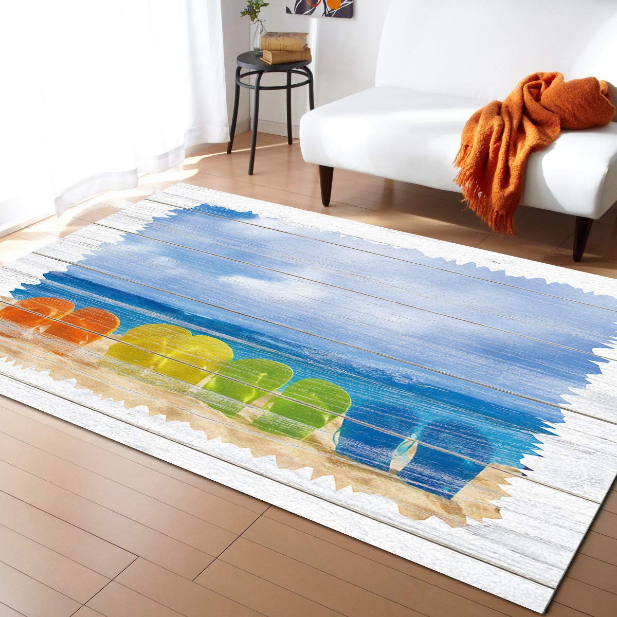 3' x 5' Watercolor Flip Flops Large Area Rug - Non-Slip Nursery Carpet for Kids Room, Modern Ocean Blue Wood Plank Design Kitchen Runner Mat - Perfect for Living Room, Bedroom & Playroom Floor Decor