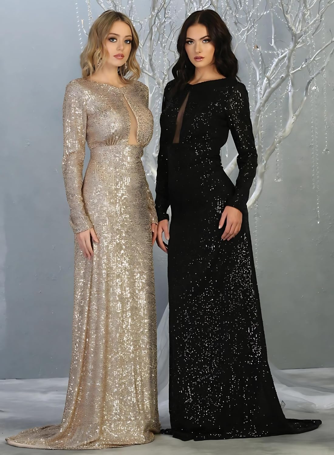 Elegant Women's Stretch Sequined Long Evening Gown with Long Sleeves - Red Carpet Formal Dress for Galas, Prom, Weddings & Special Occasions