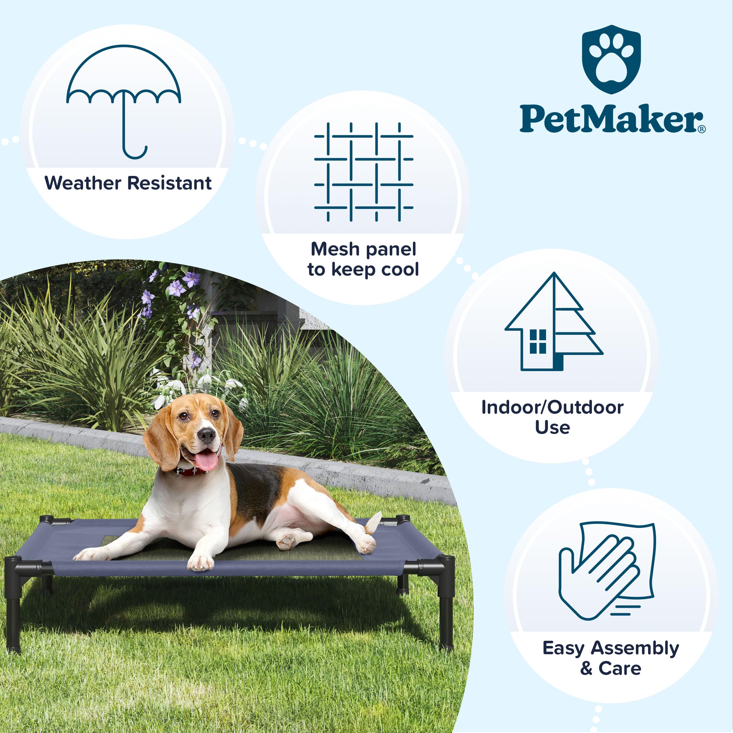 Premium Elevated Dog Bed - 30x24 Inch Portable Pet Cot with Non-Slip Feet - Indoor/Outdoor Cooling Dog Bed for Small to Medium Dogs up to 50lbs - Perfect for Camping, Patio & Home Use by PETMAKER (Blue)