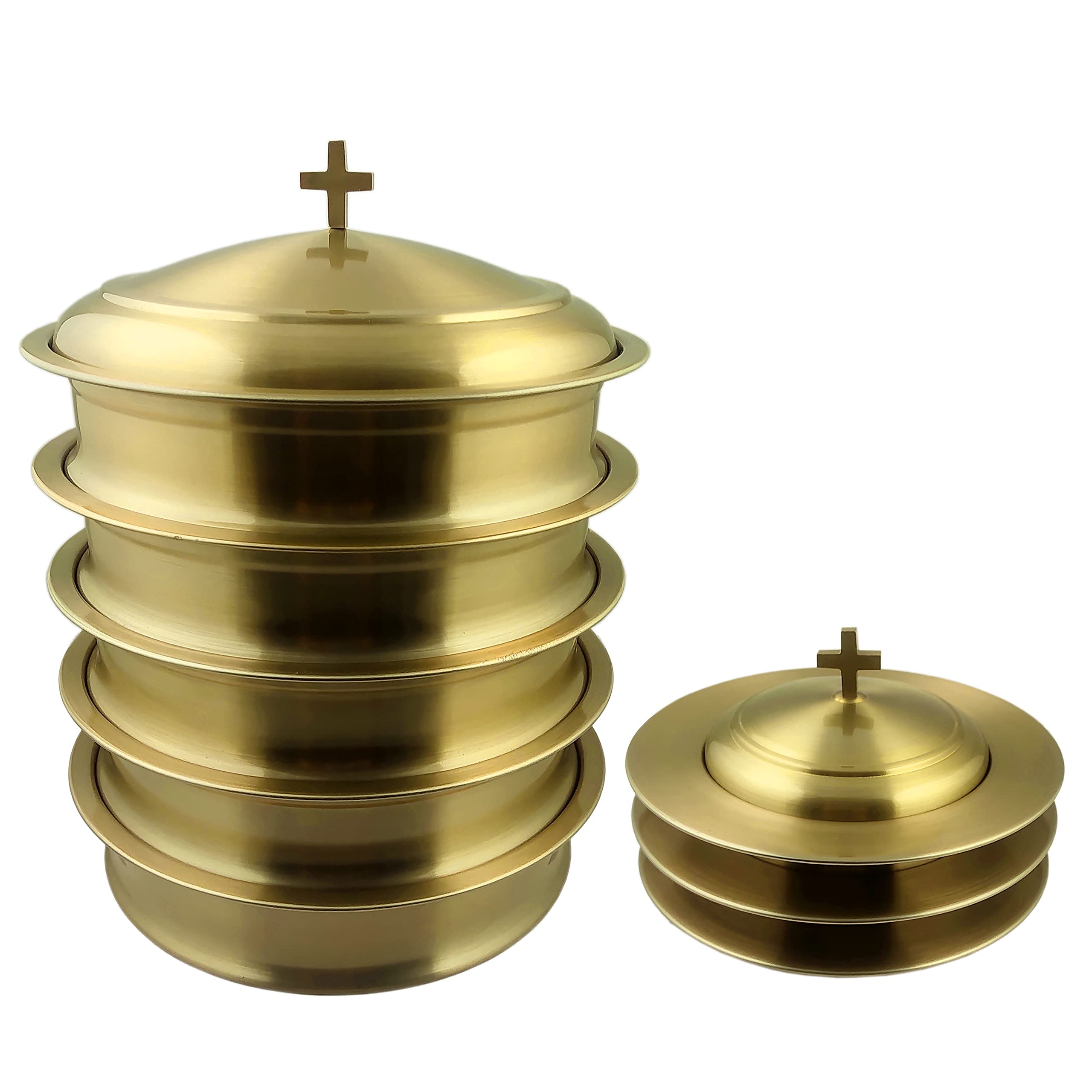 5-Piece Stainless Steel Communion Set with Lids - Holy Wine Serving Trays & 3 Stacking Bread Plates in Brass/Gold Finish | Perfect for Church Services, Weddings & Religious Ceremonies