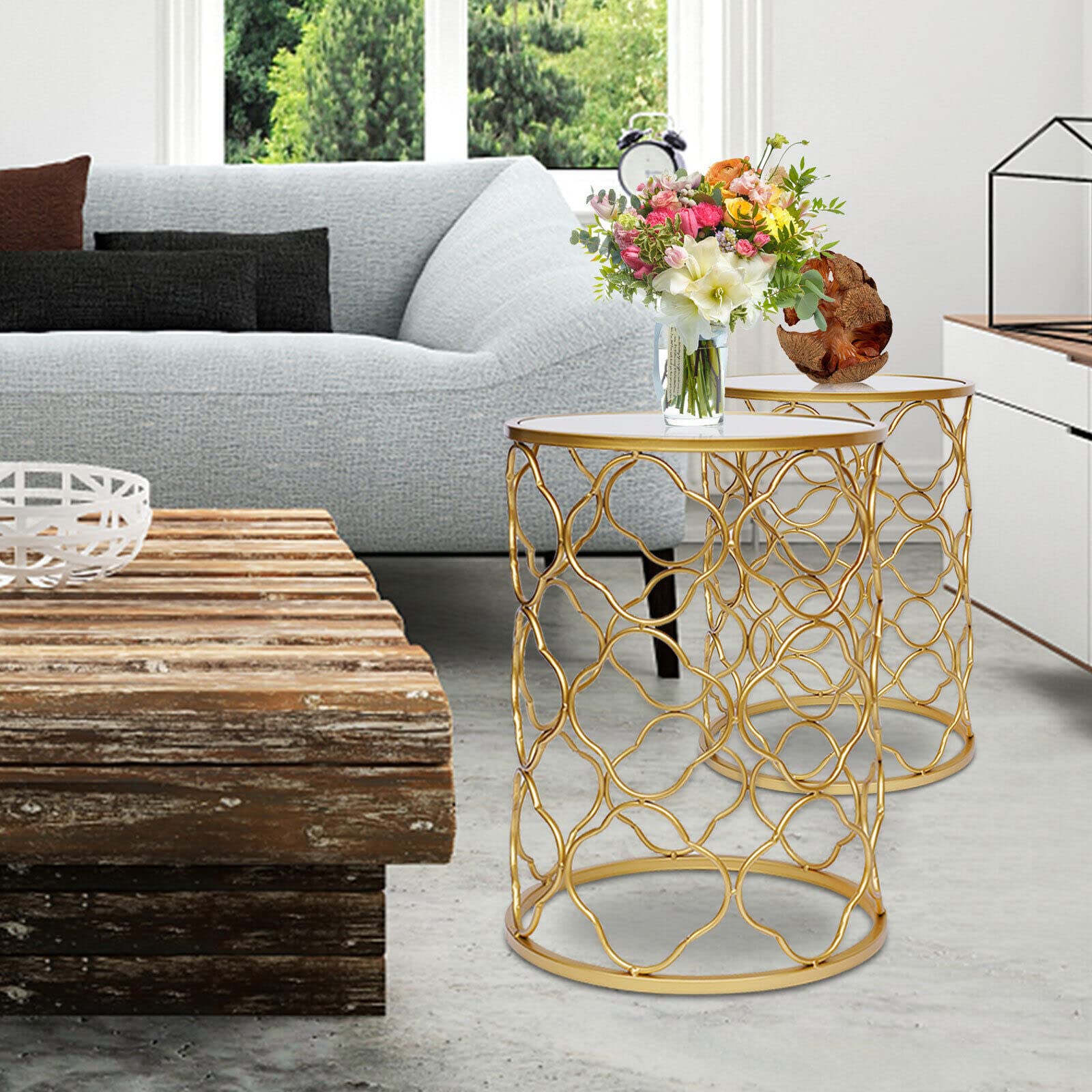 2 Pcs Round Nesting Side End Tables - Modern Metal Coffee Sofa Tables with Mirrored Top, Versatile Accent Tables for Living Room, Bedroom & Office Decor
