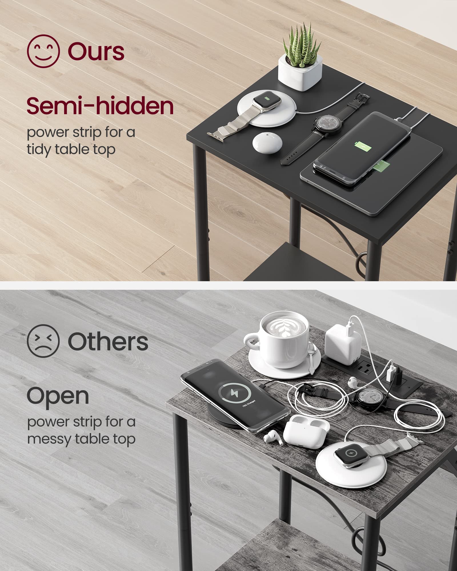 VASAGLE 2-Pack End Tables with Built-in Charging Station, USB Ports & Outlets - Compact Nightstand with Storage Shelf for Bedroom, Living Room - Perfect for Small Spaces & Modern Home Decor - Black