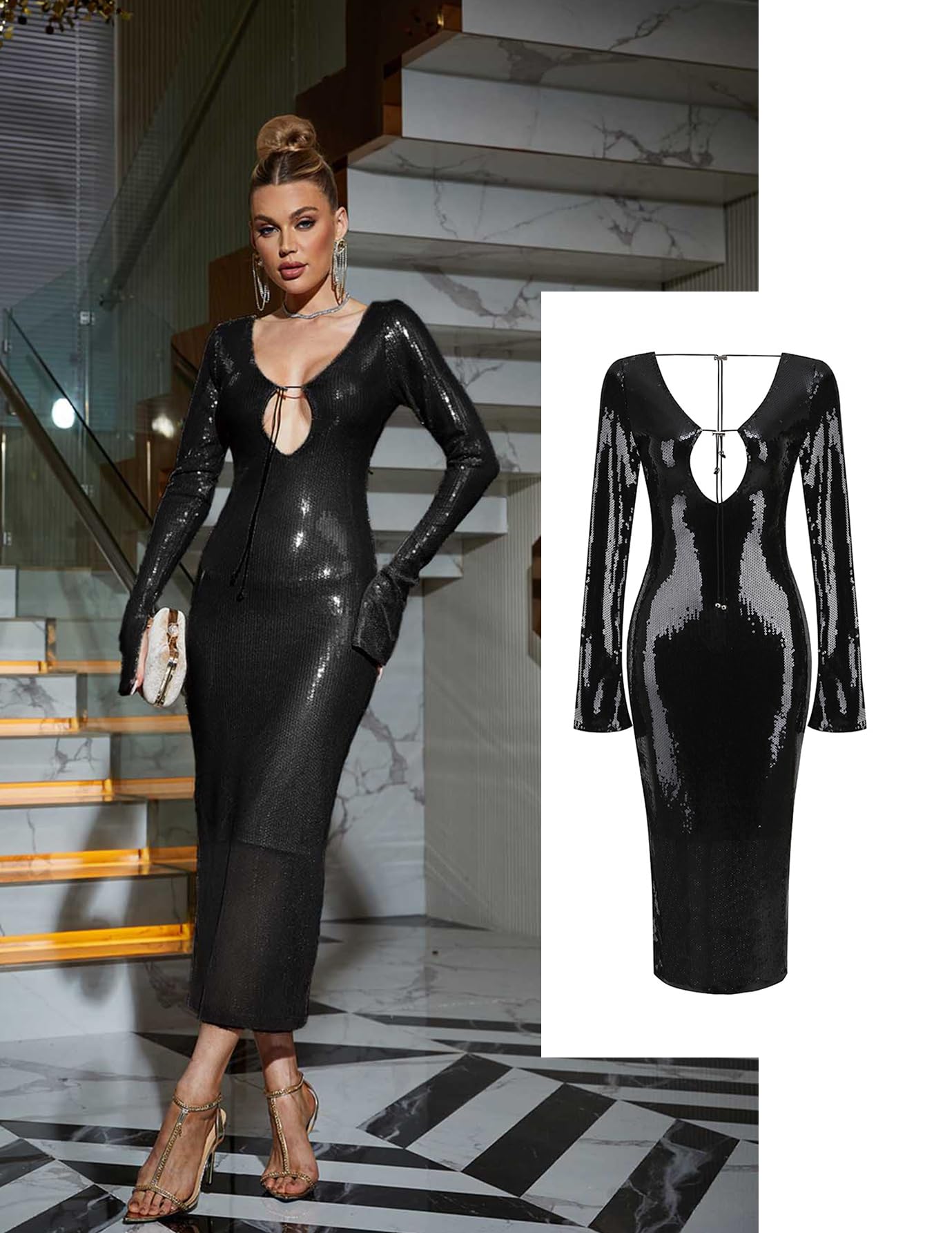 Meilun Women's Deep V Neck Long Sleeve Sequin Evening Gown with Drawstring Waist - Perfect for Cocktail Parties, Prom, and Formal Events