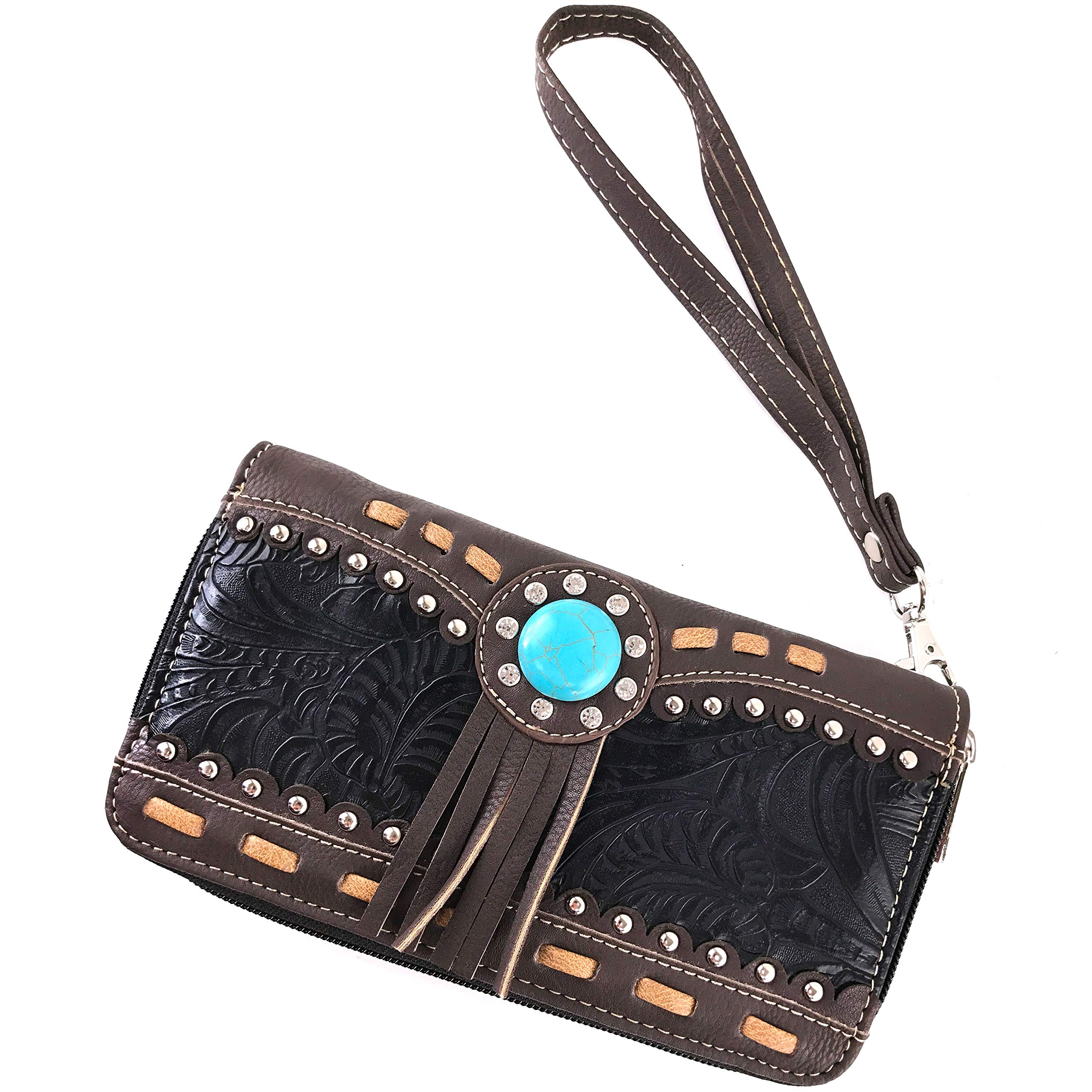 Turquoise Concho Floral Women's Crossbody Trifold Wallet - Stylish & Compact for Everyday Use, Travel, and Shopping