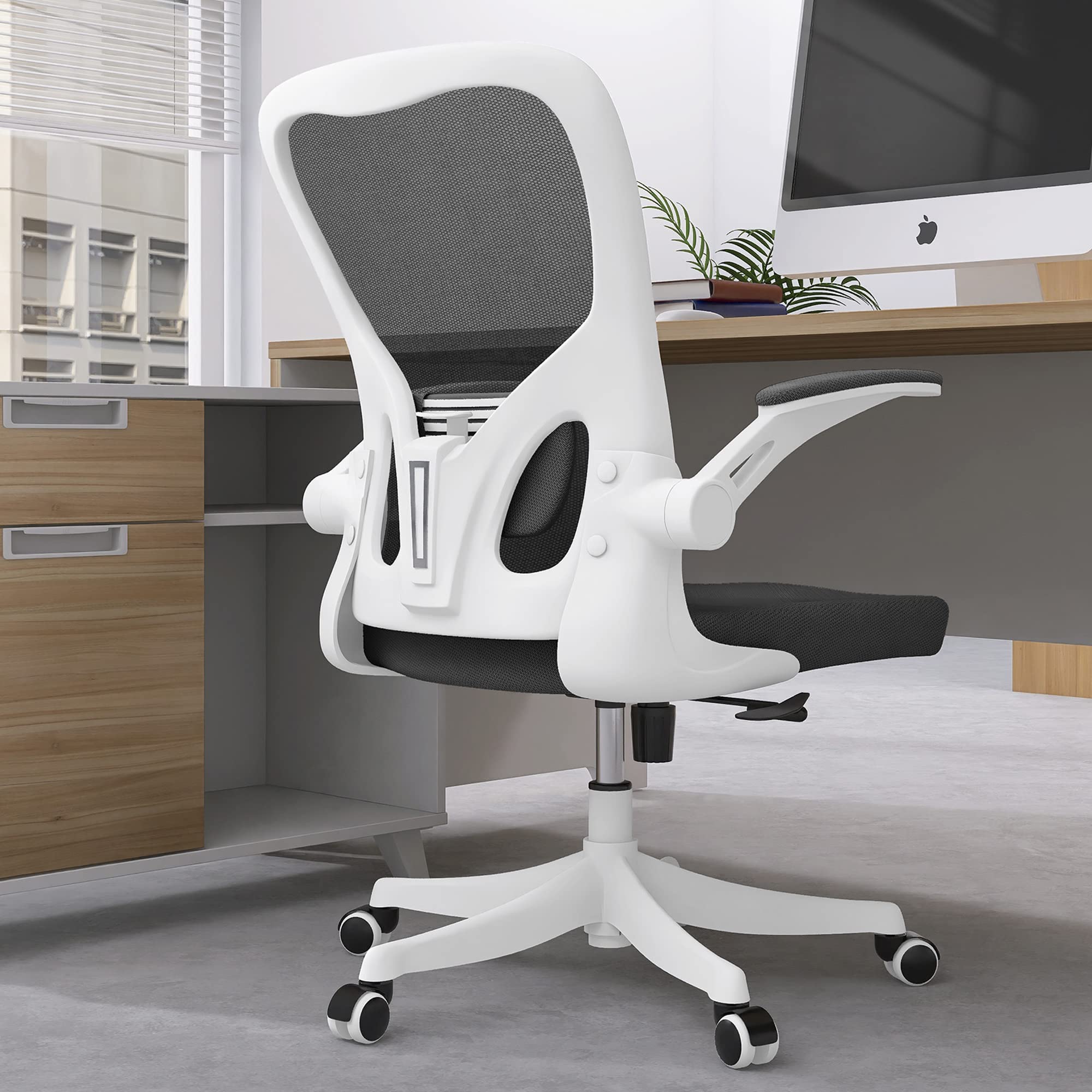 Monhey Ergonomic Office Chair with Lumbar Support - High Back Mesh Computer Desk Chair with Flip-Up Arms, Swivel & Rocking Function - White Frame & Black Mesh - Perfect for Home Office, Study & Workspace
