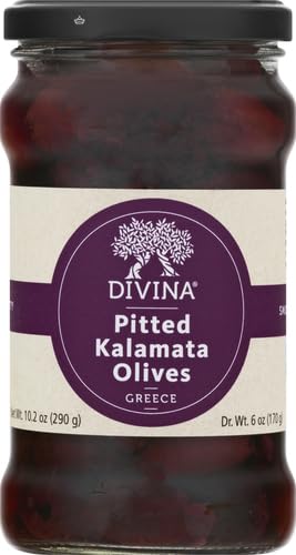 DIVINA Pitted Kalamata Olives - 10.2 oz Jar | Premium Greek Olives for Salads, Charcuterie Boards & Mediterranean Recipes | Gluten-Free & Vegan Snack