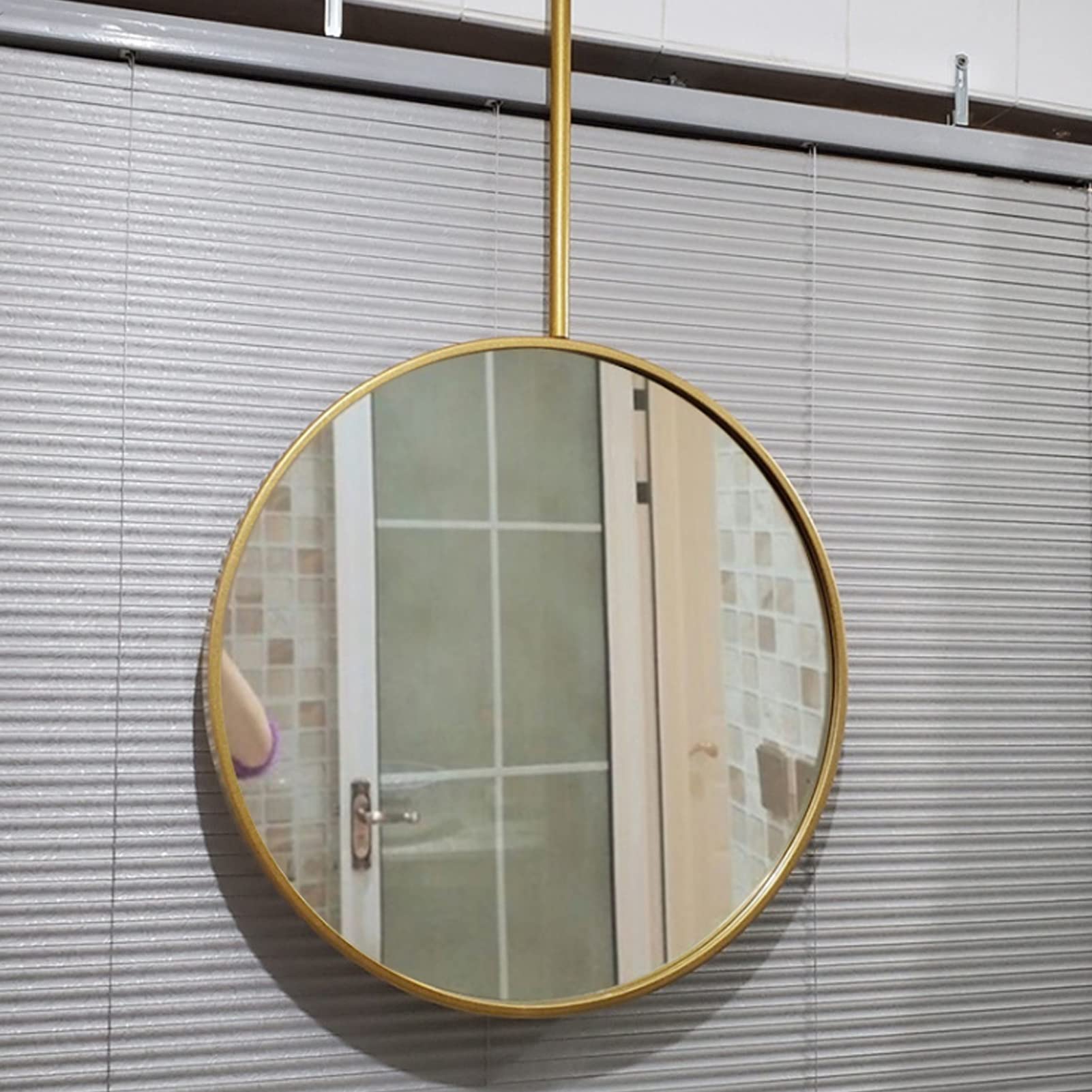 Gold Metal Frame Circle Ceiling Hanging Mirror - Bathroom Makeup & Shaving Mirror with Mounted Boom Rod for Hotel, Apartment, Farmhouse & Commercial Decor - Perfect for Vanity, Dressing Room & Spa Settings