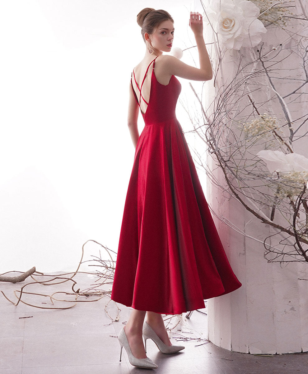 Elegant Red Satin Tea-Length Prom Dress for Homecoming - Perfect for Formal Dances, Parties & Special Occasions