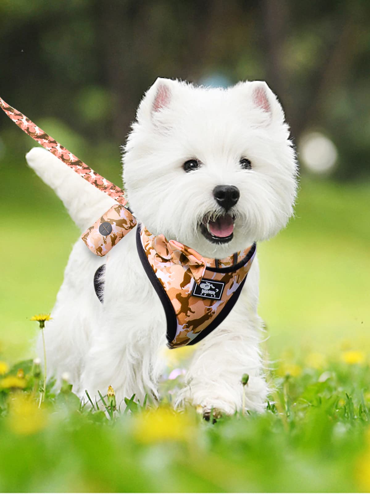 **Reflective No-Pull Dog Harness & Leash Set for Small Dogs – Adjustable Puppy Vest with Bow-Tie Collar, Poop Bags – XL Yellow Camouflage – Perfect for Walking, Training & Nighttime Safety**