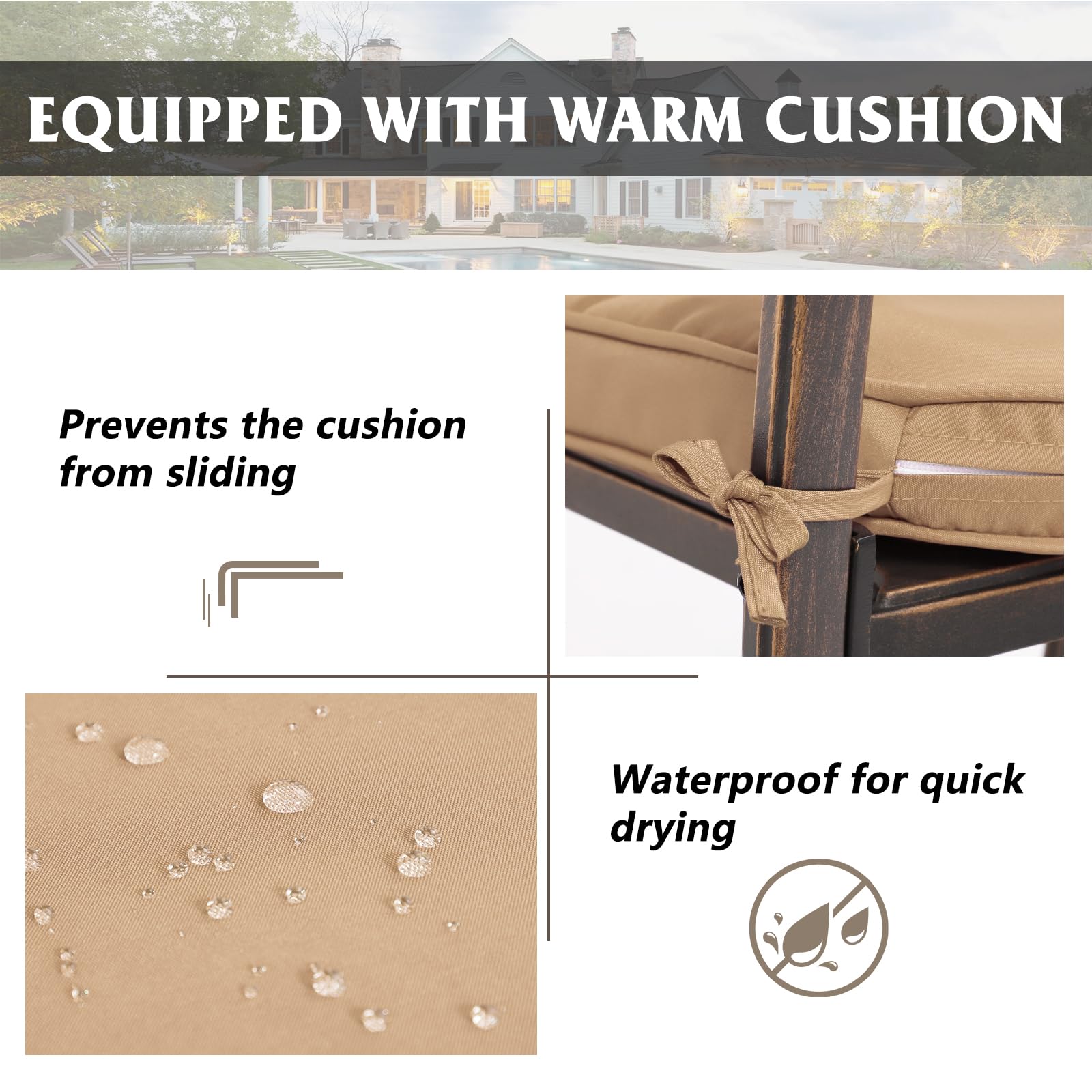 MAGIC UNION 2-Piece Outdoor Dining Chair Set - Durable Cast Aluminum Patio Chairs with Armrests & Khaki Cushions - Perfect for Garden, Backyard, Deck, Poolside & Bistro Dining (Khaki, Set of 2)