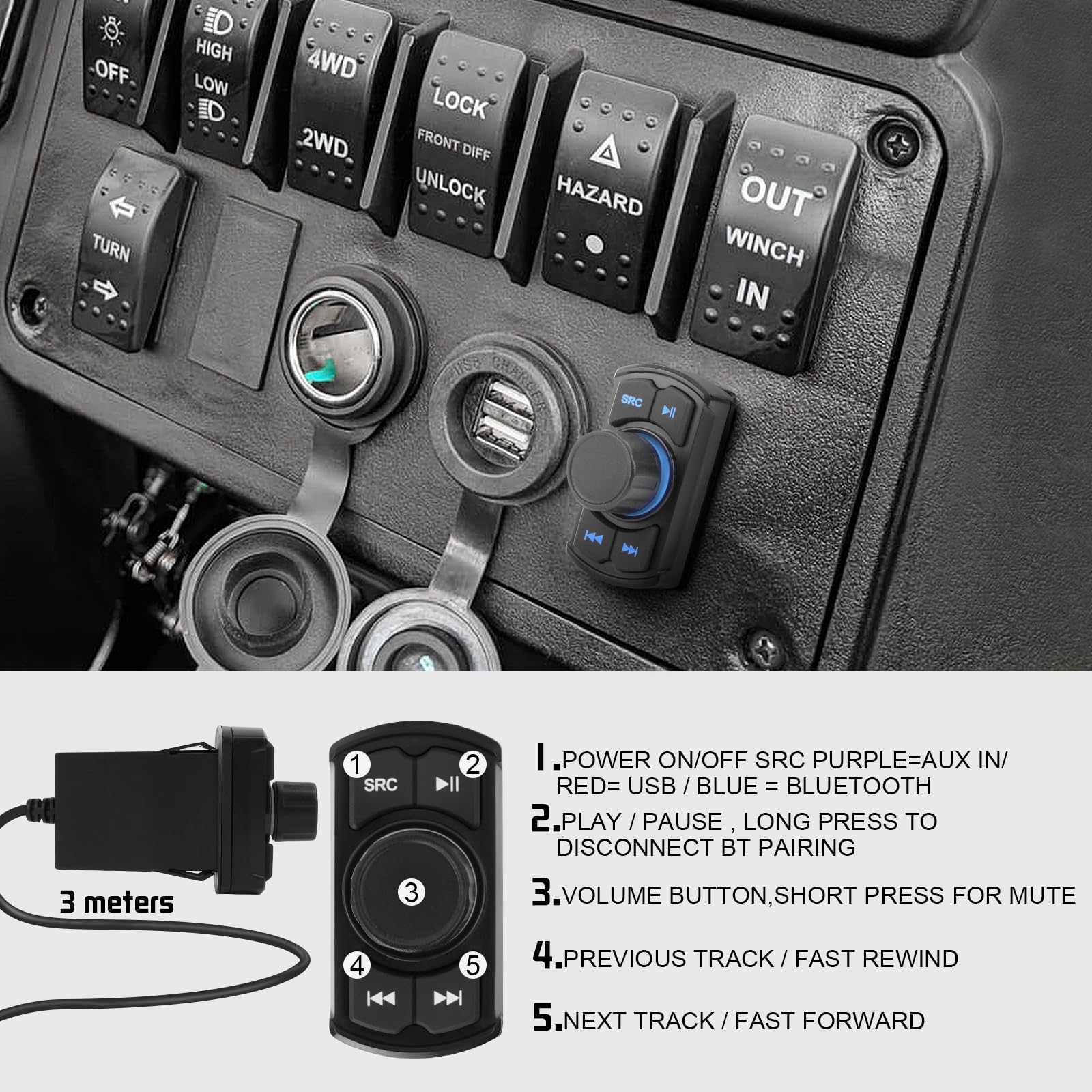 **Marine Powersport Bluetooth Amplifier Audio System - 60W x 4 CH Class D, 2 Black Speakers, Switch Mount - Perfect for Motorcycle, UTV, ATV, Boat - Enhance Your Ride with Premium Sound**