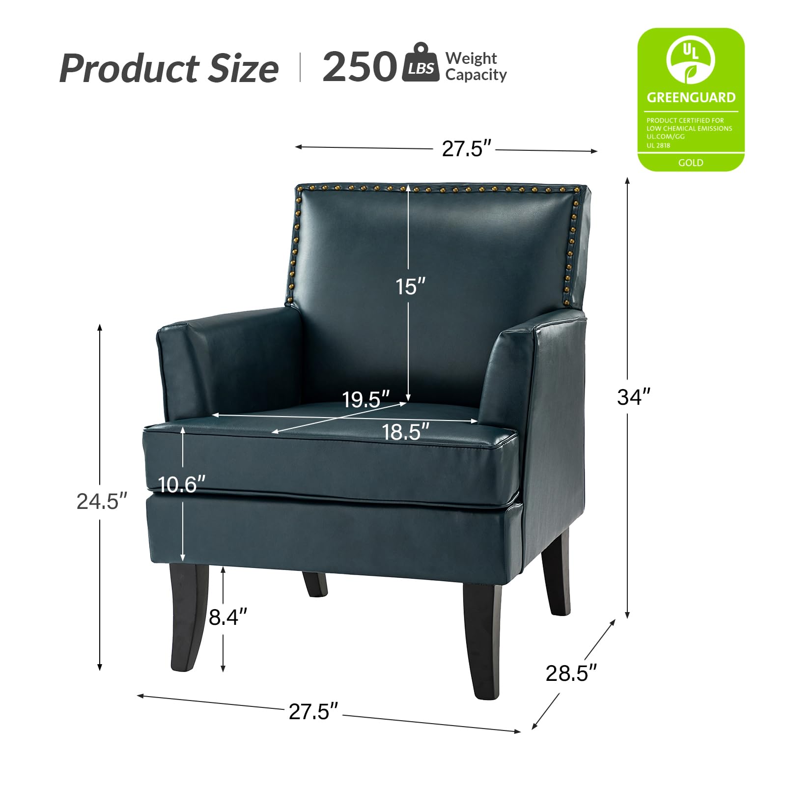 HULALA HOME Modern Faux Leather Accent Chairs Set of 2 - Upholstered Living Room Sofa Chairs with Nailhead Trim & Wooden Legs, Turquoise Blue - Perfect for Bedroom, Lounge, Office or Reading Nook