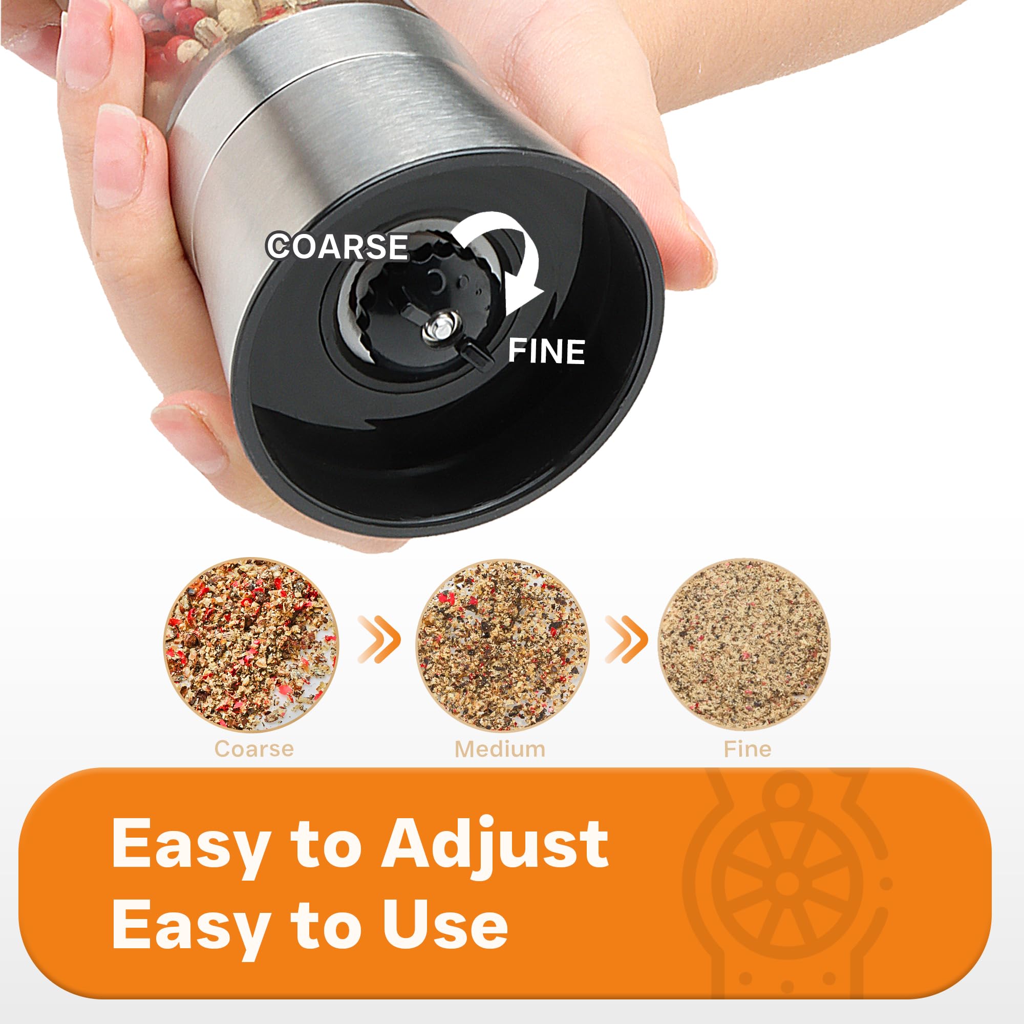 Premium Stainless Steel Salt and Pepper Grinder Set - Adjustable Coarseness, Refillable Glass Body - Compact Kitchen Essential for Cooking, Dining & Gifting (2 Pack) - Perfect for Restaurants, Home Kitchens & Dinner Parties