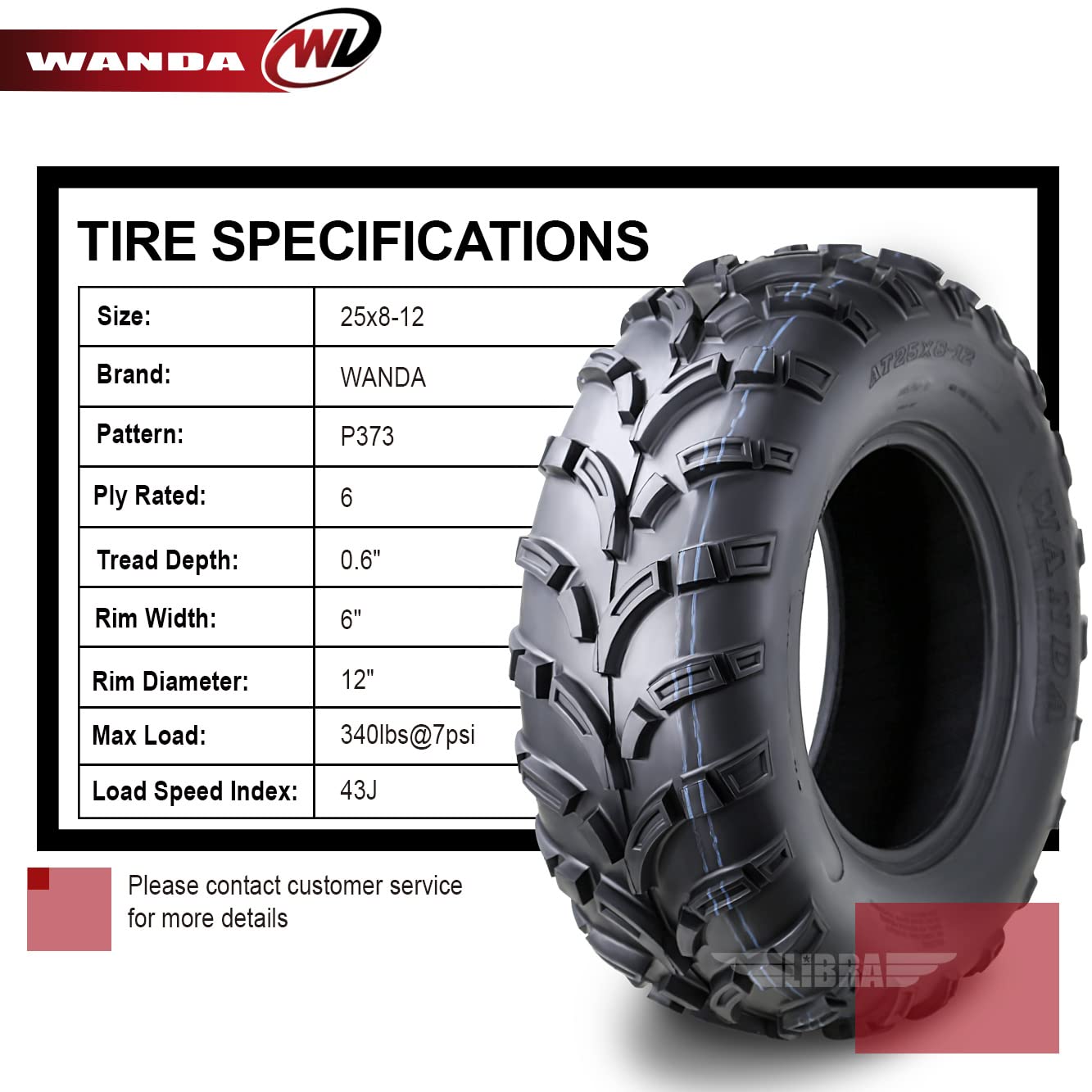 WANDA 25x8-12 ATV/UTV 6-Ply Light Mud Tires - Set of 2 (10243) - Perfect for Off-Roading, Trail Riding & Mud Adventures